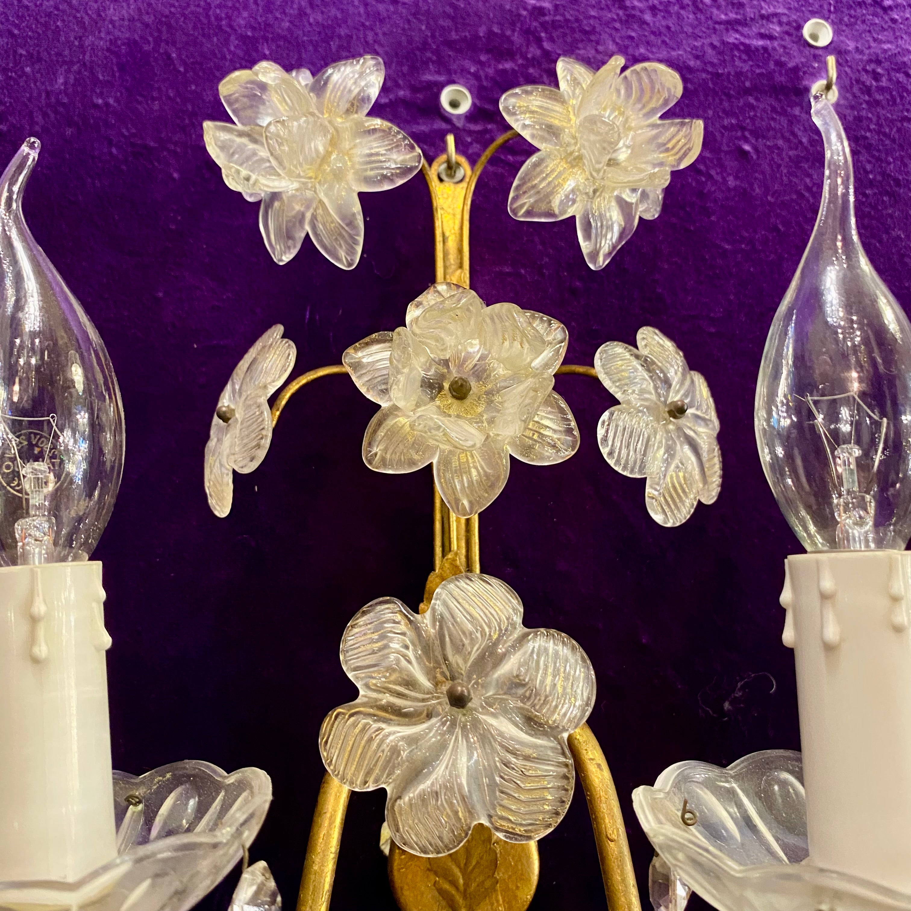 Trio of Beautiful Brass and Murano Flower Sconce