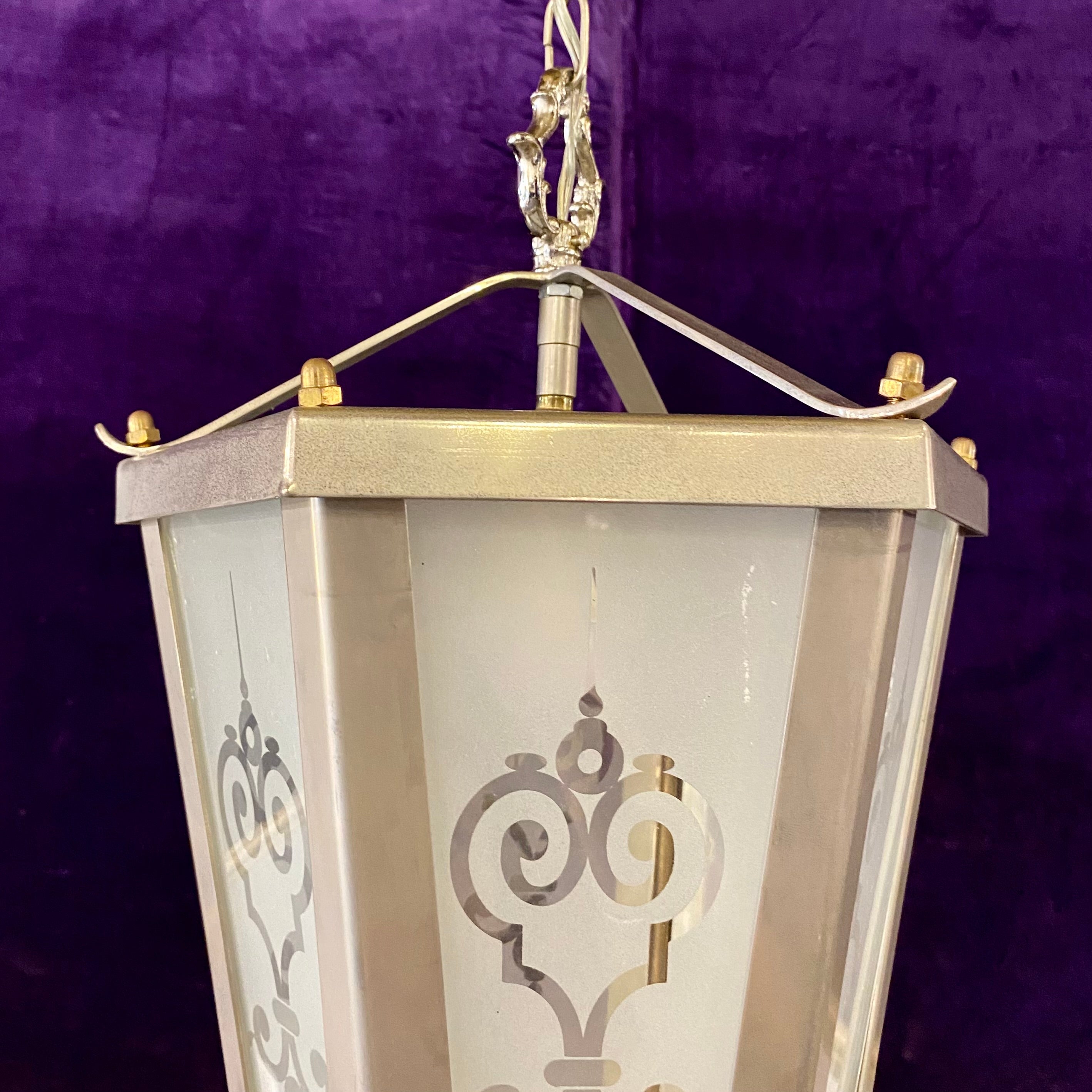 Aged Nickel and Frosted Glass with Etched Design Lantern