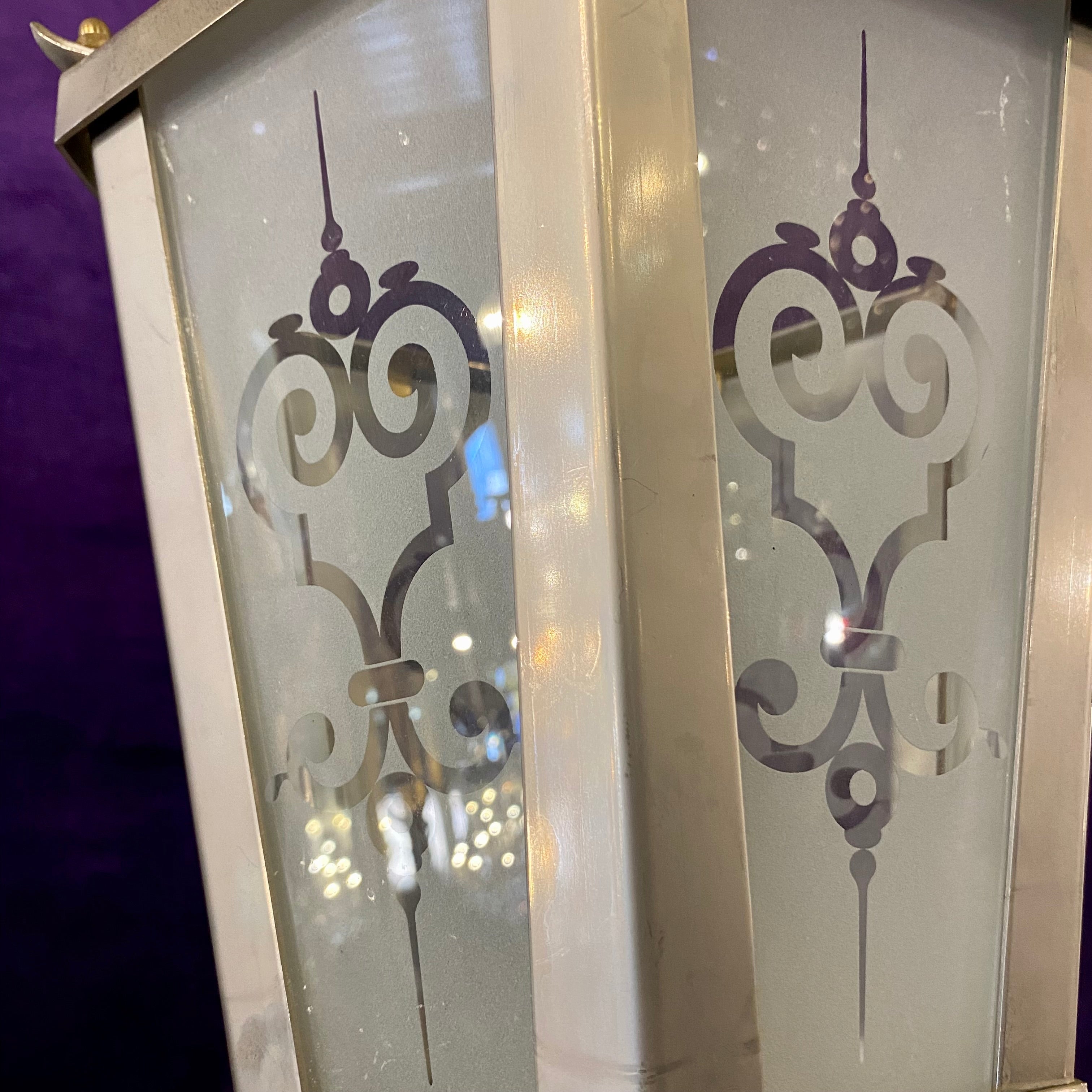 Aged Nickel and Frosted Glass with Etched Design Lantern