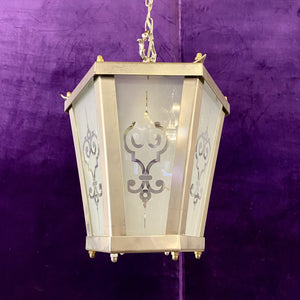 Aged Nickel and Frosted Glass with Etched Design Lantern