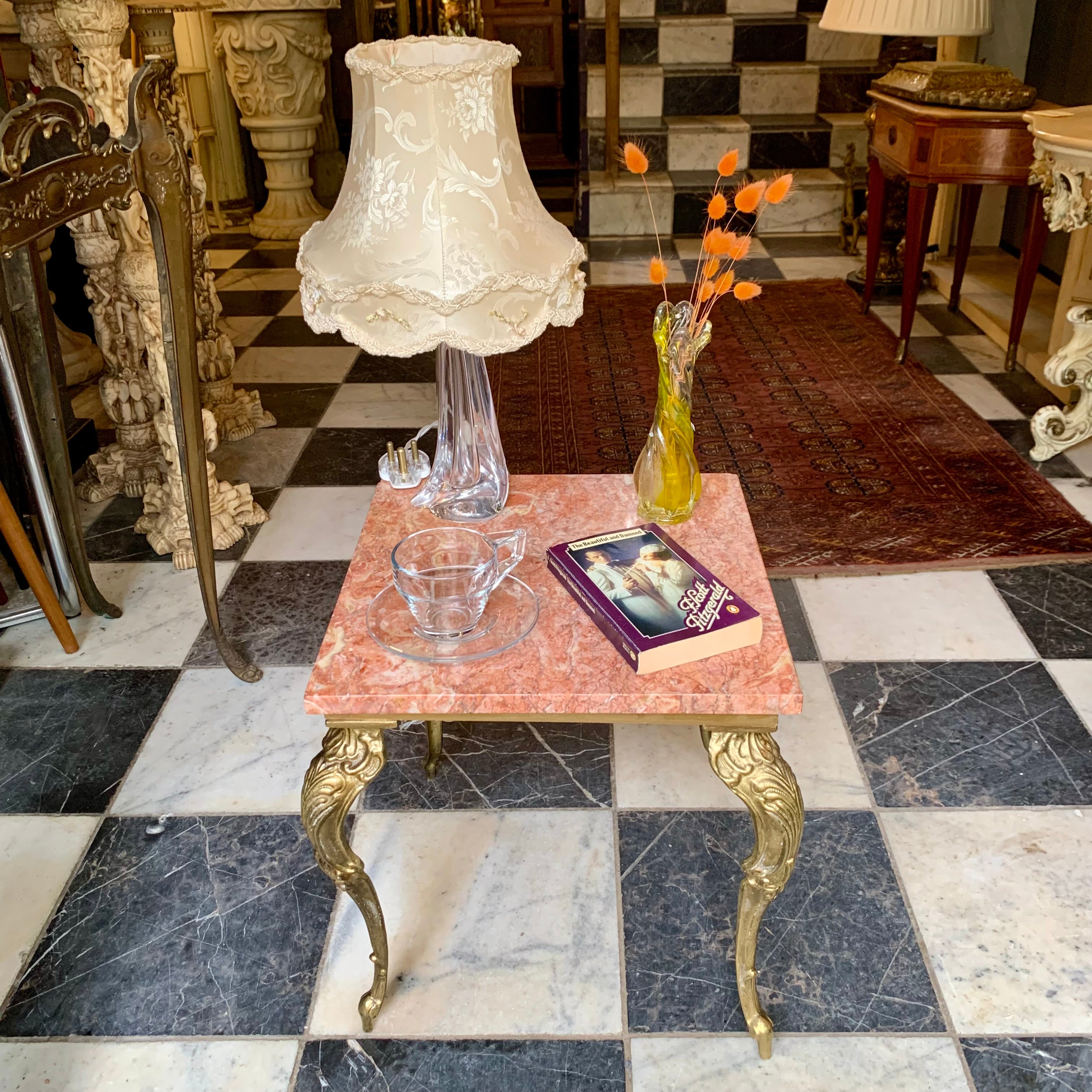 Petite and Heavy Antique Brass Table with Orange Marble Top - SOLD