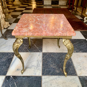 Petite and Heavy Antique Brass Table with Orange Marble Top - SOLD