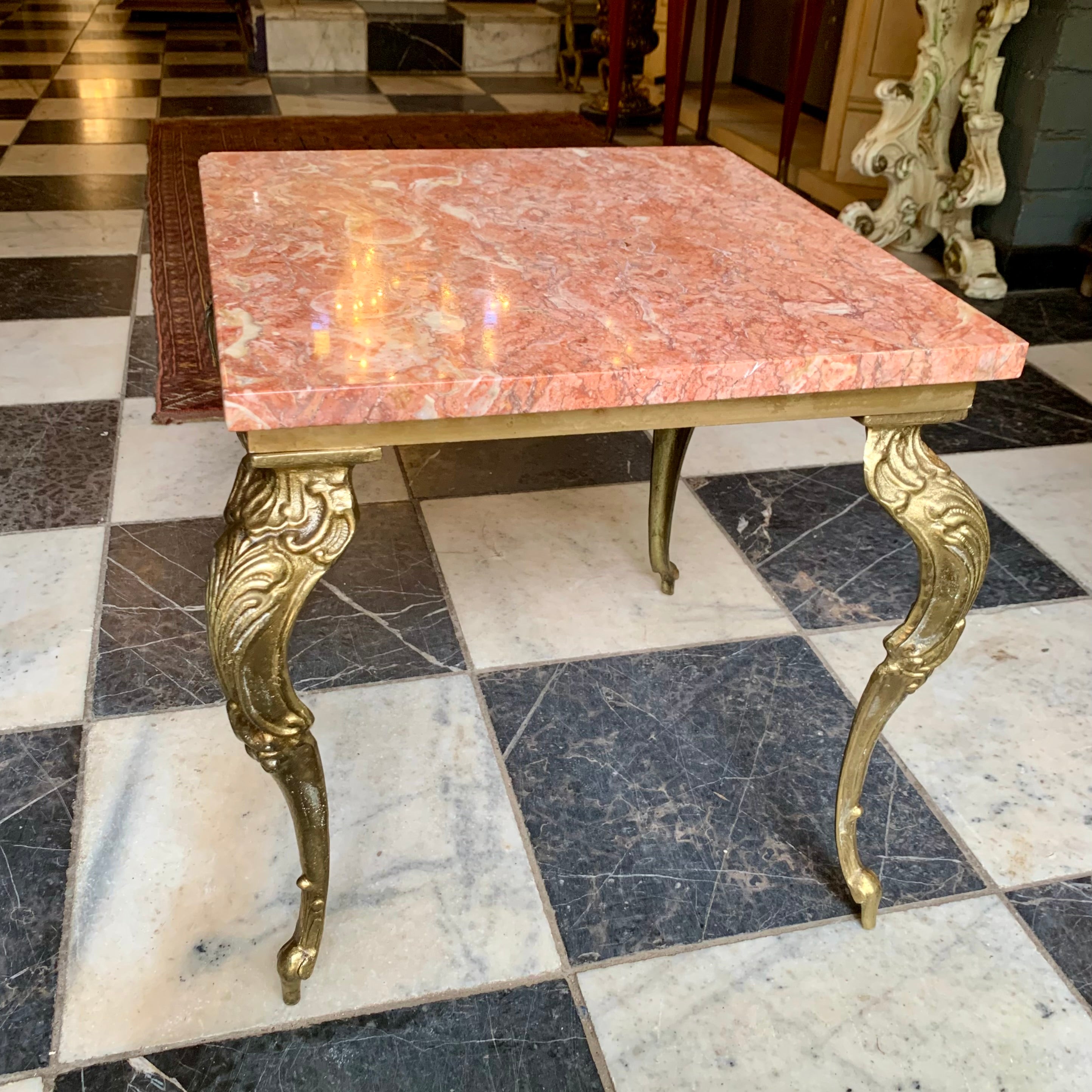 Petite and Heavy Antique Brass Table with Orange Marble Top - SOLD