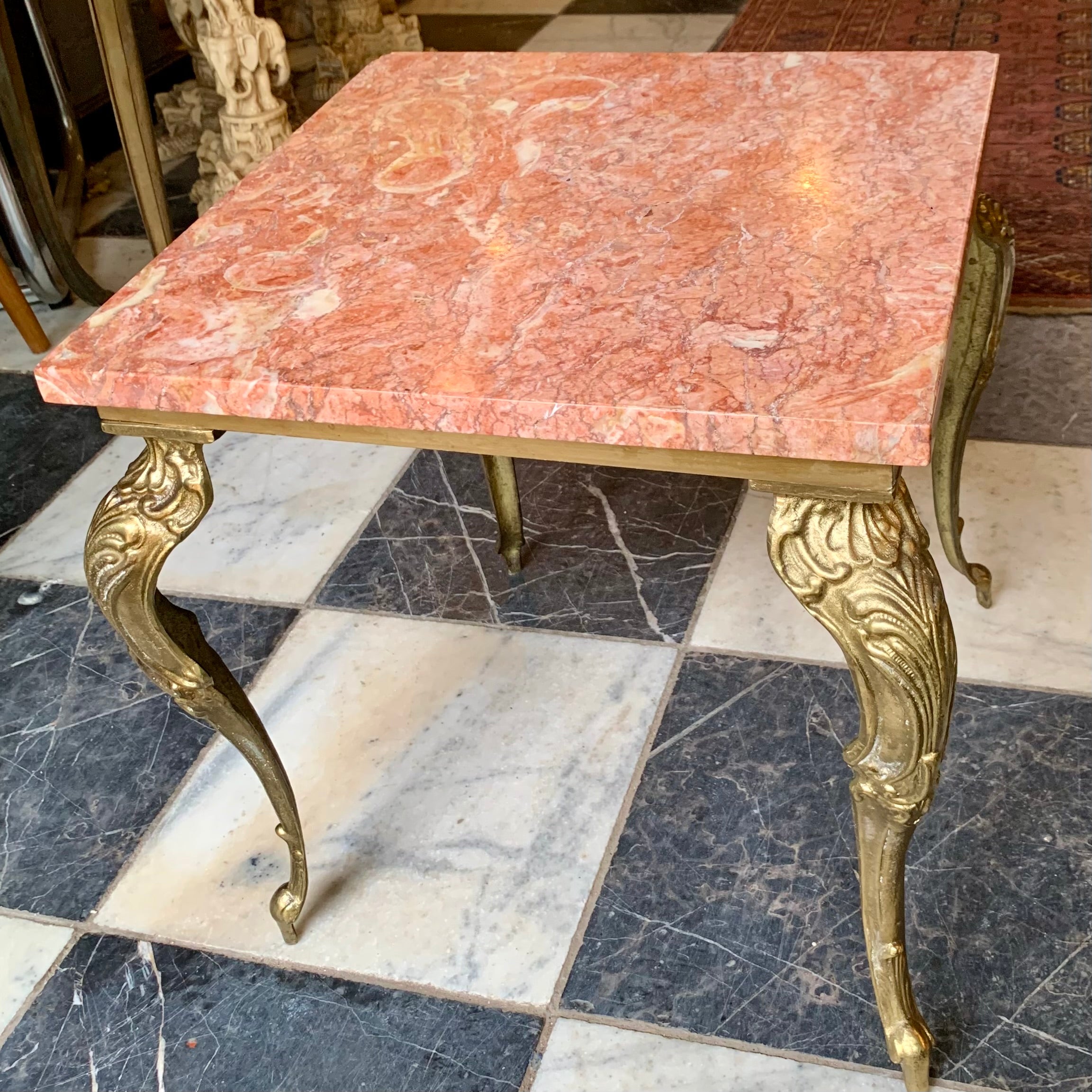 Petite and Heavy Antique Brass Table with Orange Marble Top - SOLD