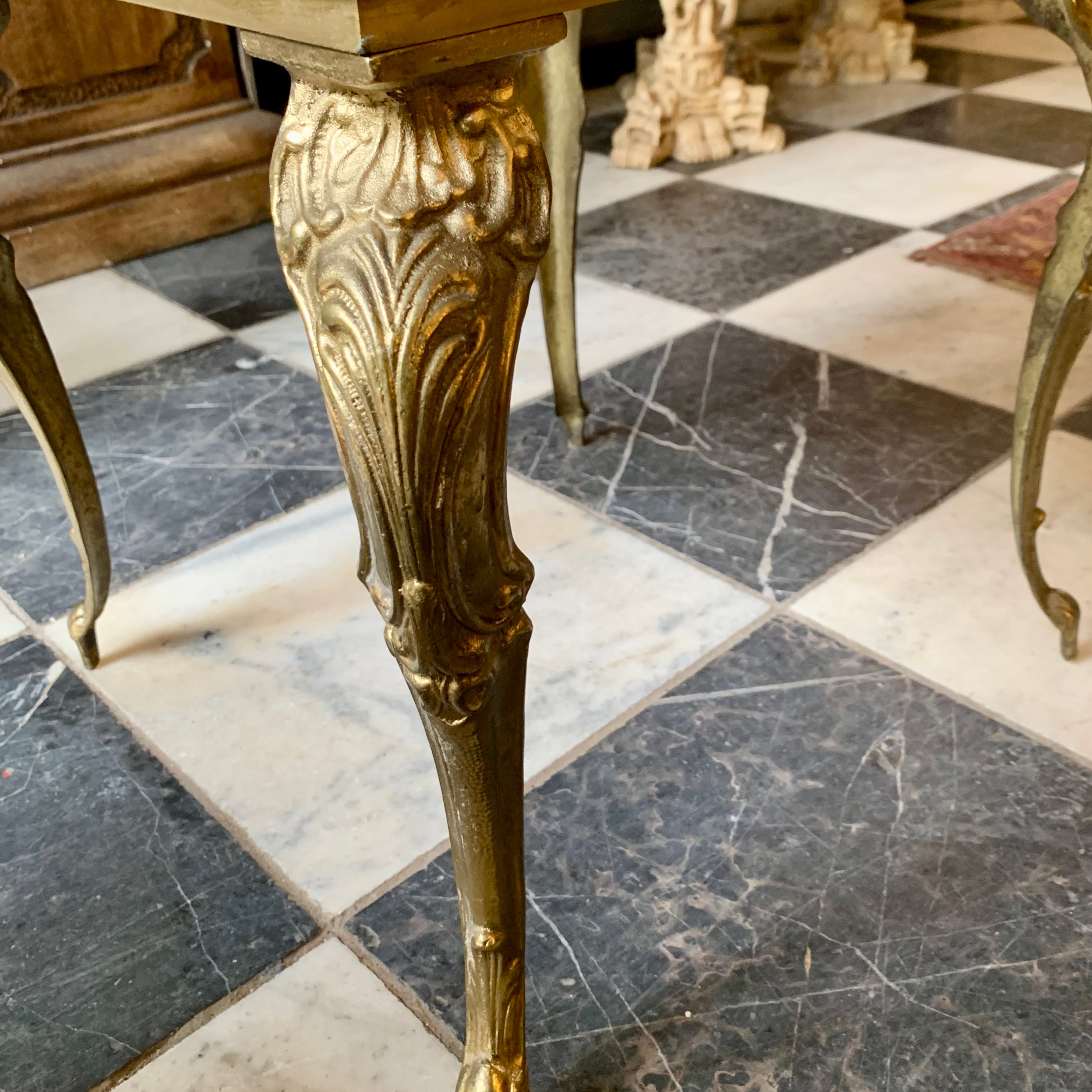 Petite and Heavy Antique Brass Table with Orange Marble Top - SOLD