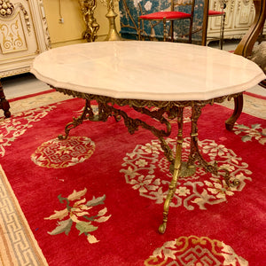 Antique Ornate Cast Brass Coffee Table with Marble Top