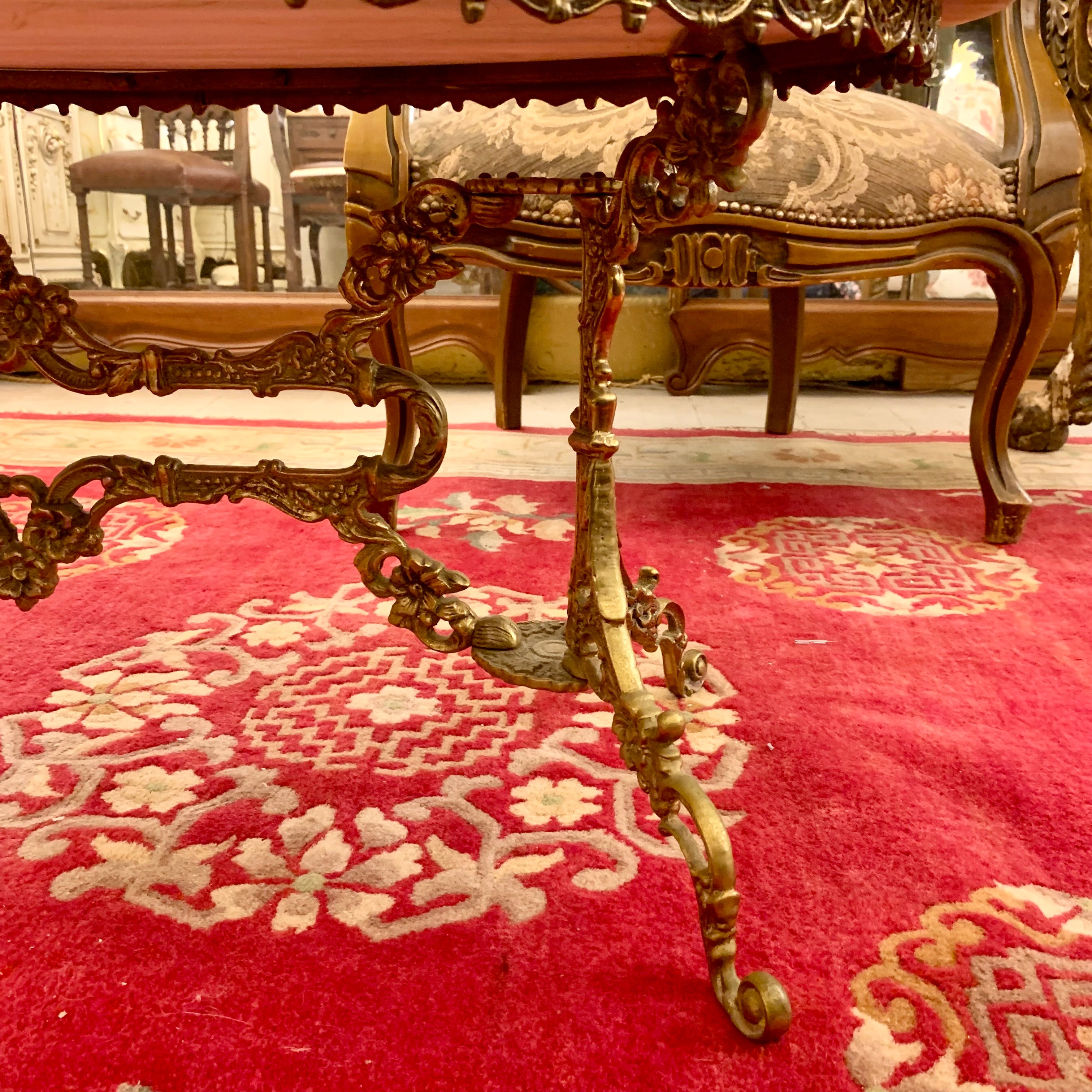 Antique Ornate Cast Brass Coffee Table with Marble Top