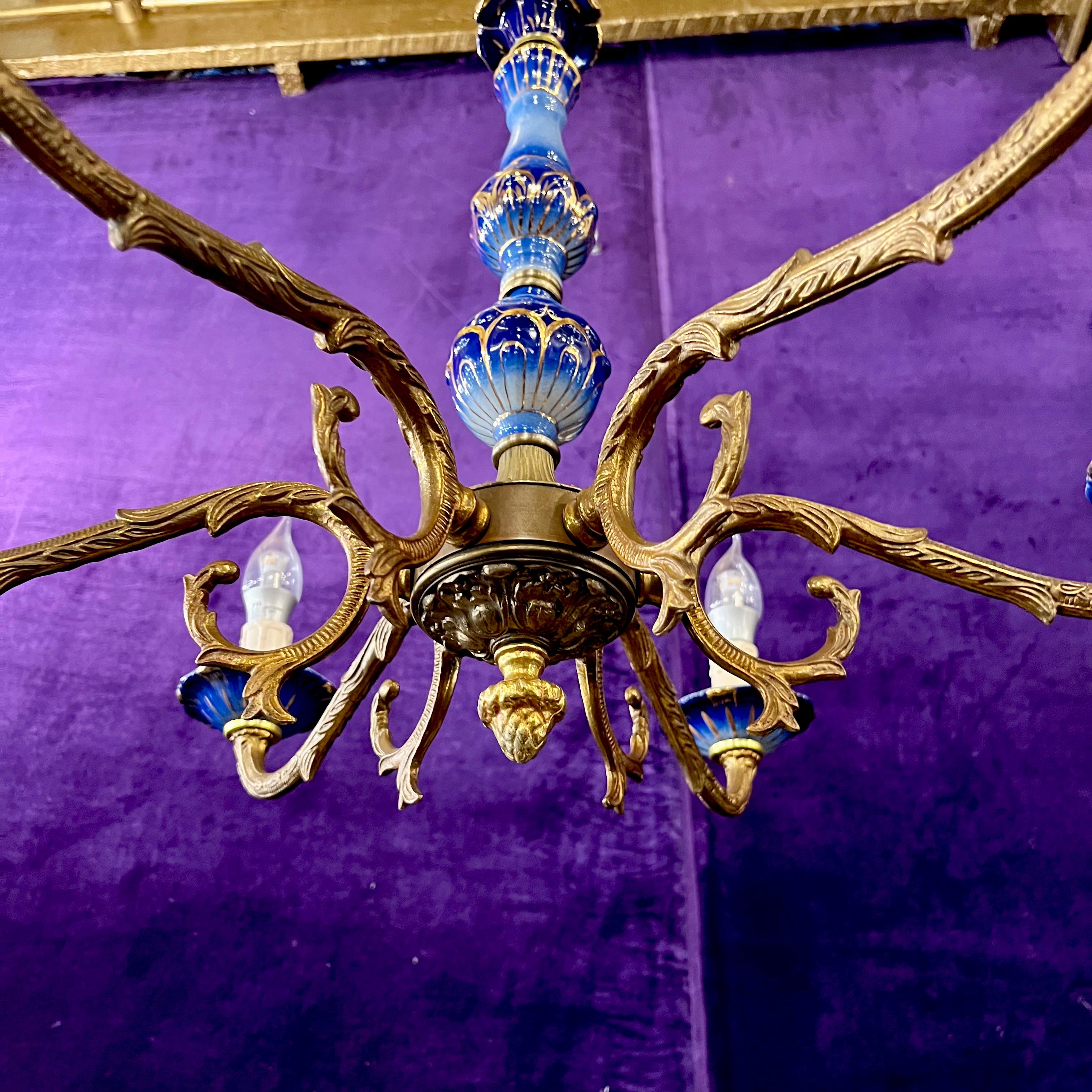 Beautiful Brass and Delft Detail Chandelier - SOLD