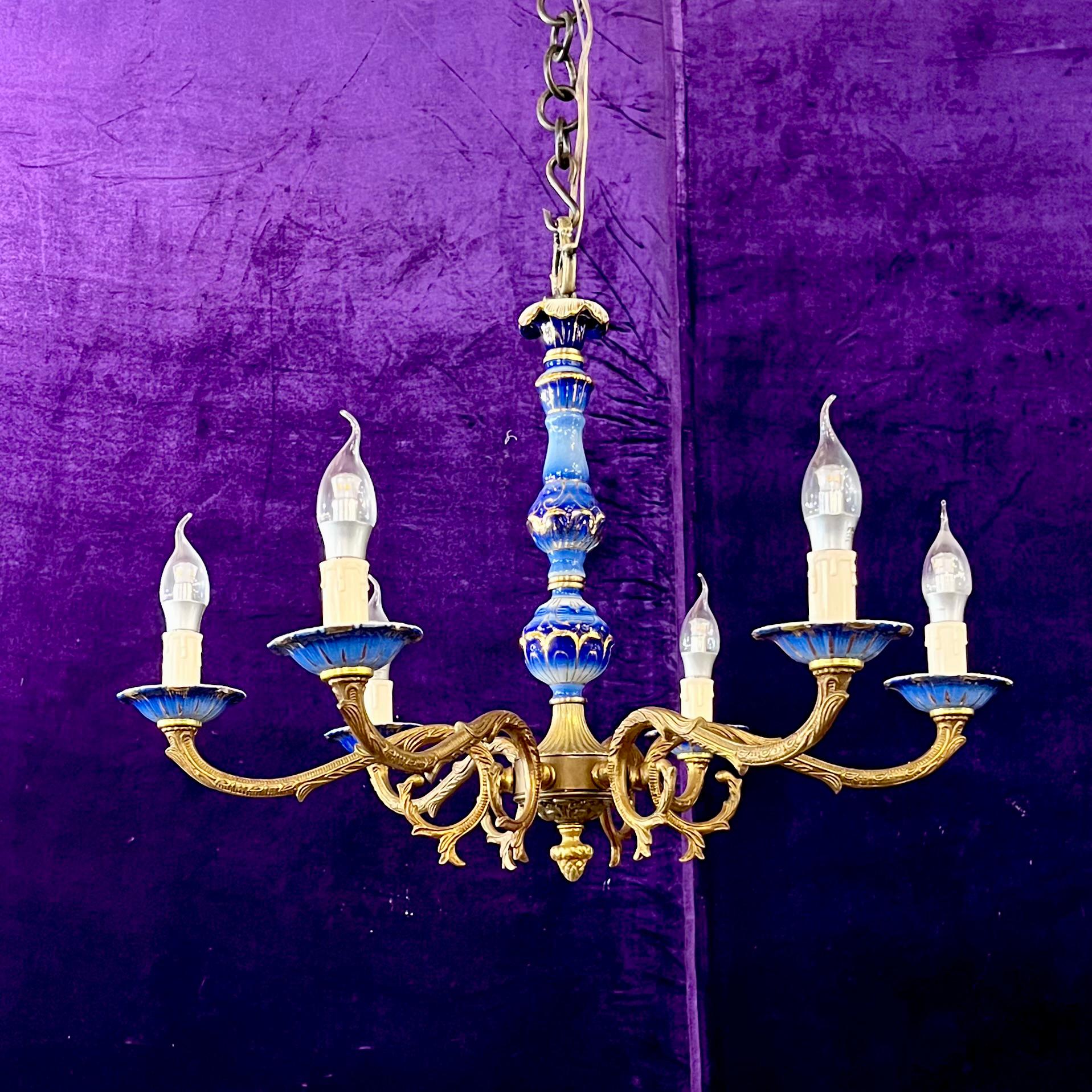 Beautiful Brass and Delft Detail Chandelier - SOLD