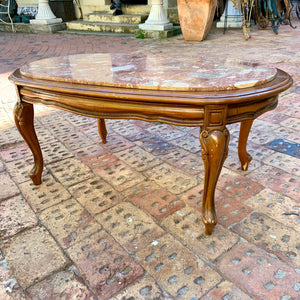 Antique Oak and Mottled Marble Oval Coffee Table