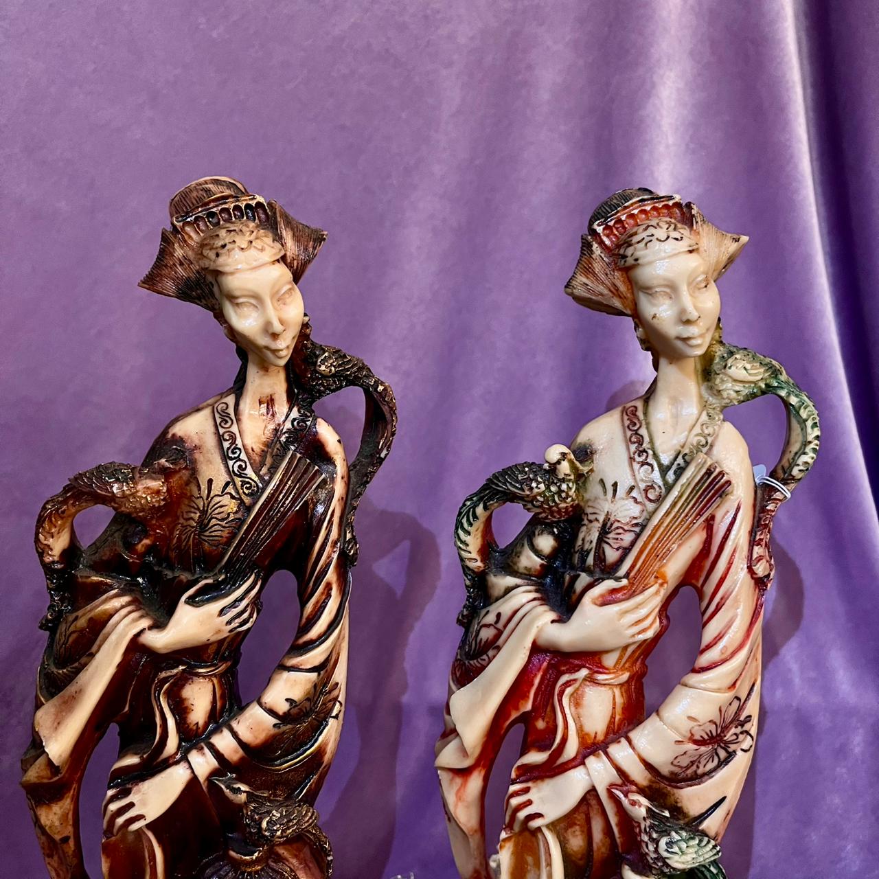 Pair Oriental Ladies with Phoenix Statues