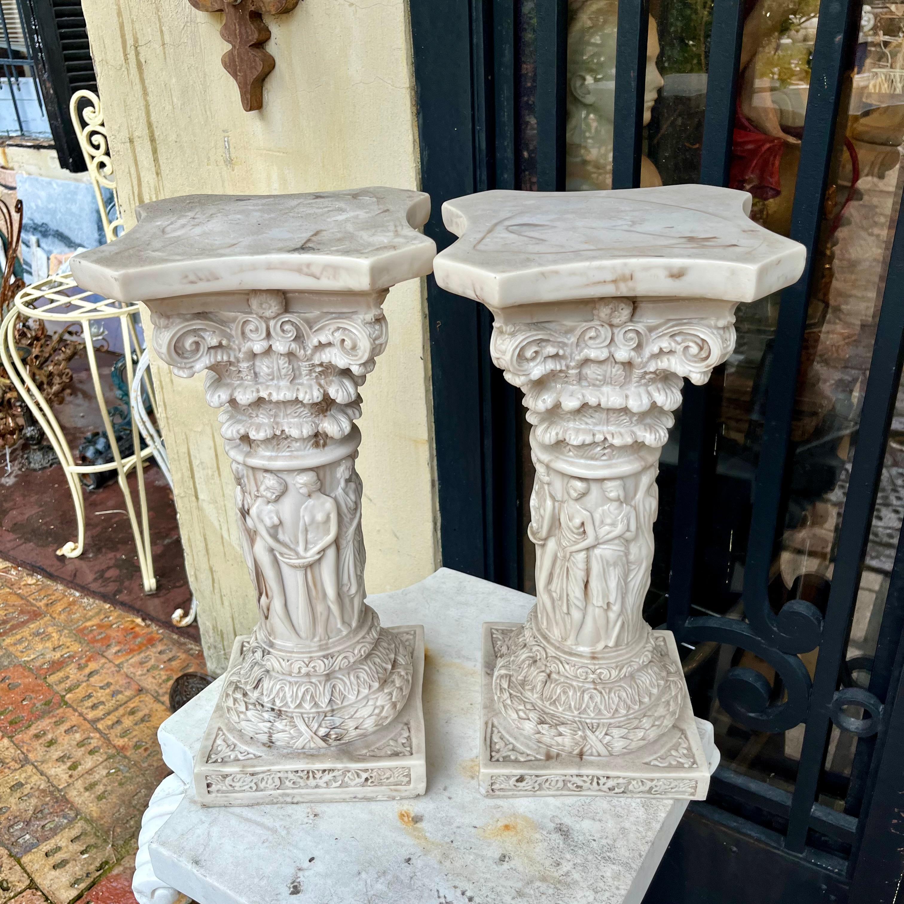 Pair Sculpted Marble Pedestals of the Graces