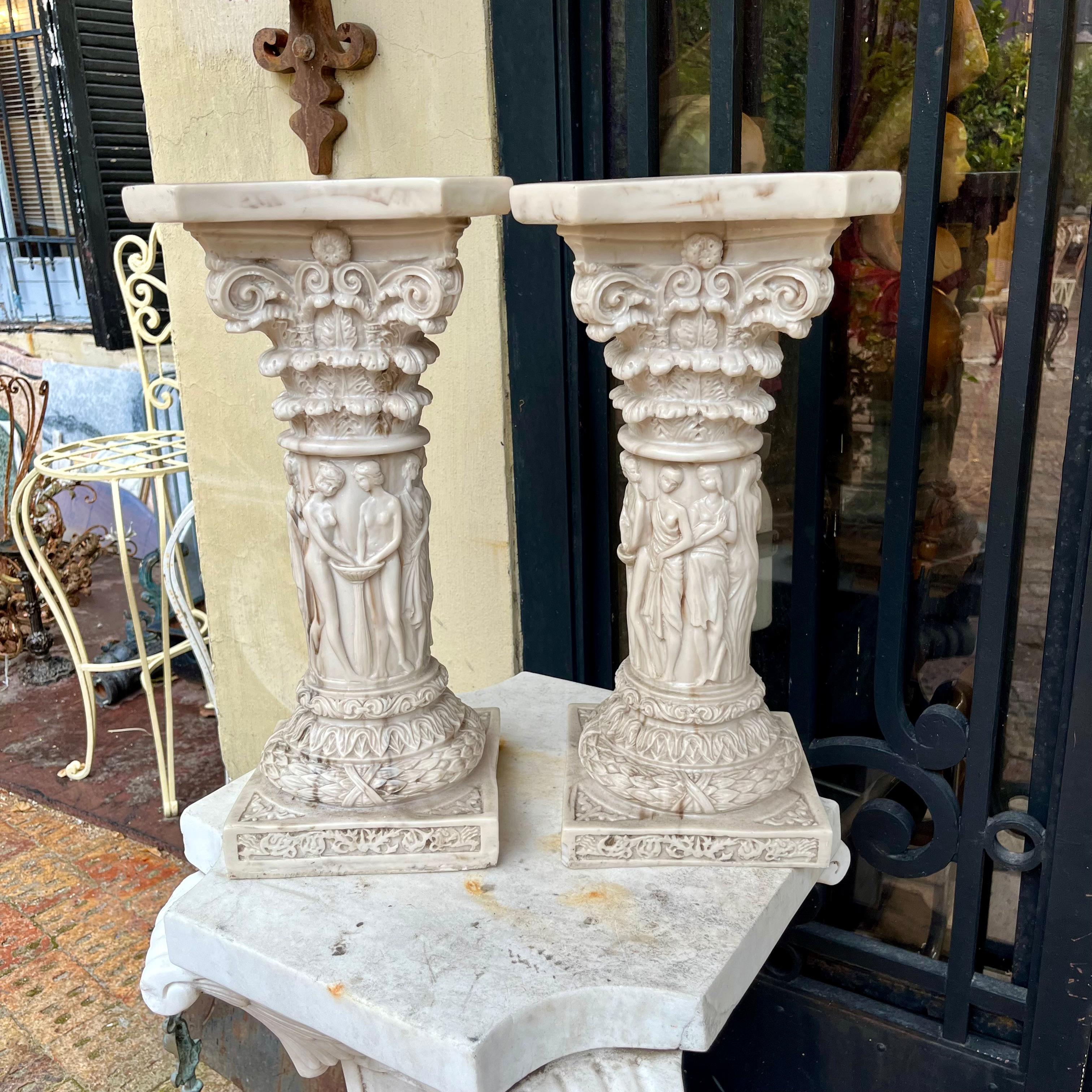 Pair Sculpted Marble Pedestals of the Graces