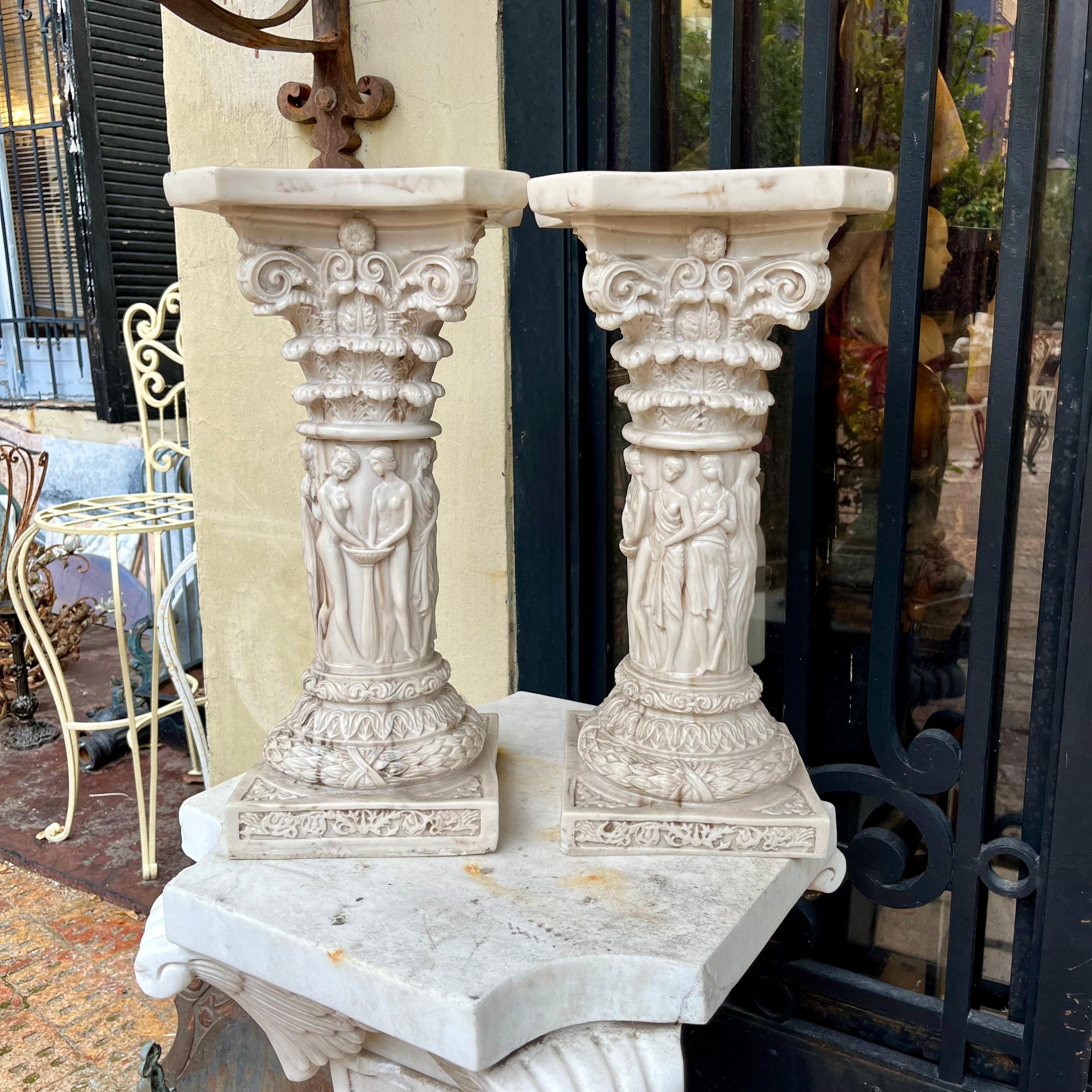 Pair Sculpted Marble Pedestals of the Graces