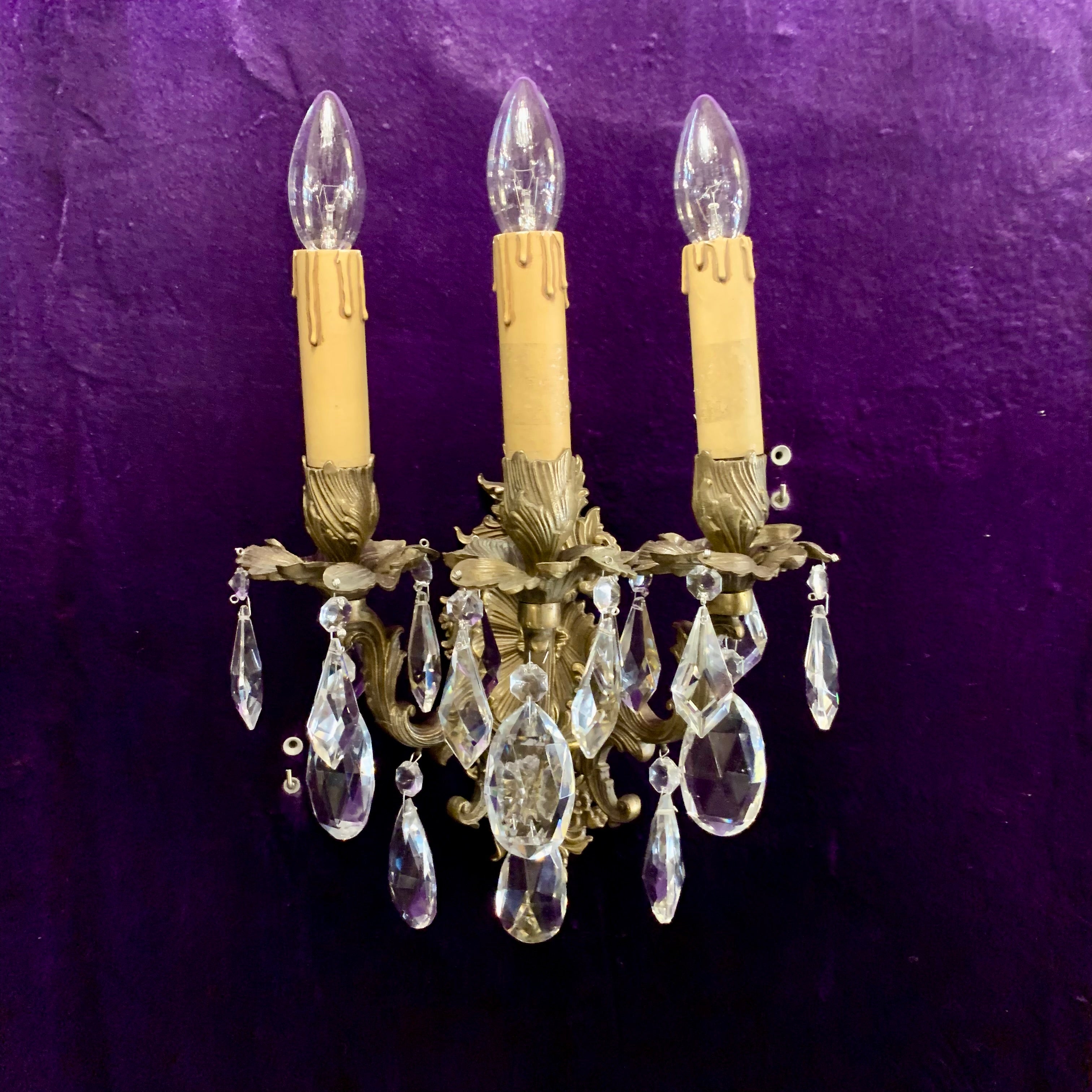 Single Antique Brass and Crystal Wall Sconce