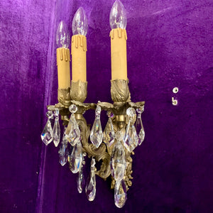 Single Antique Brass and Crystal Wall Sconce