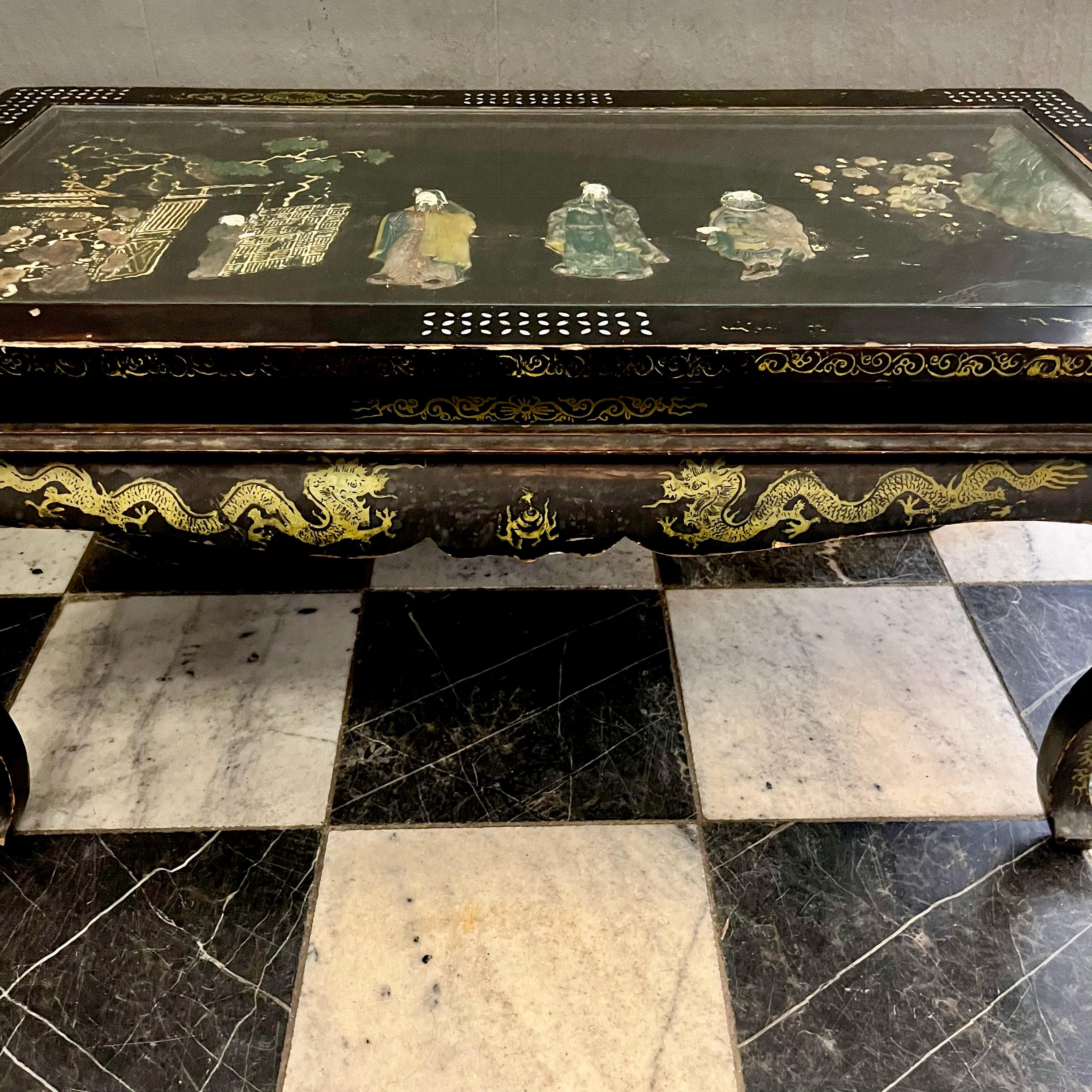 Japanese Lacquered Coffee Table with Hardstone Inlay, c.1950s