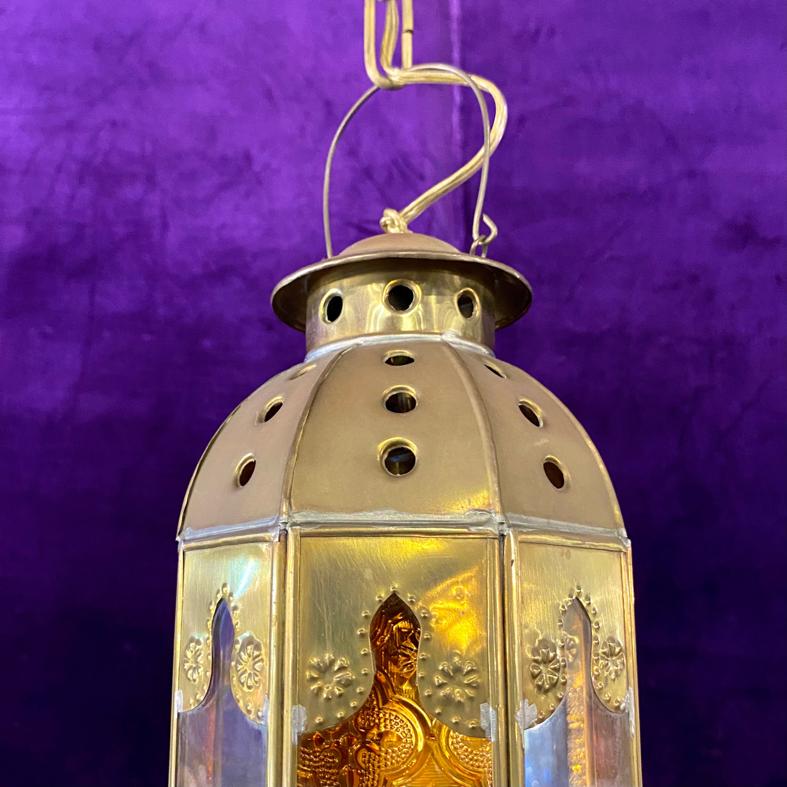 Moroccan Style Brass Lantern With Pressed Glass - SOLD