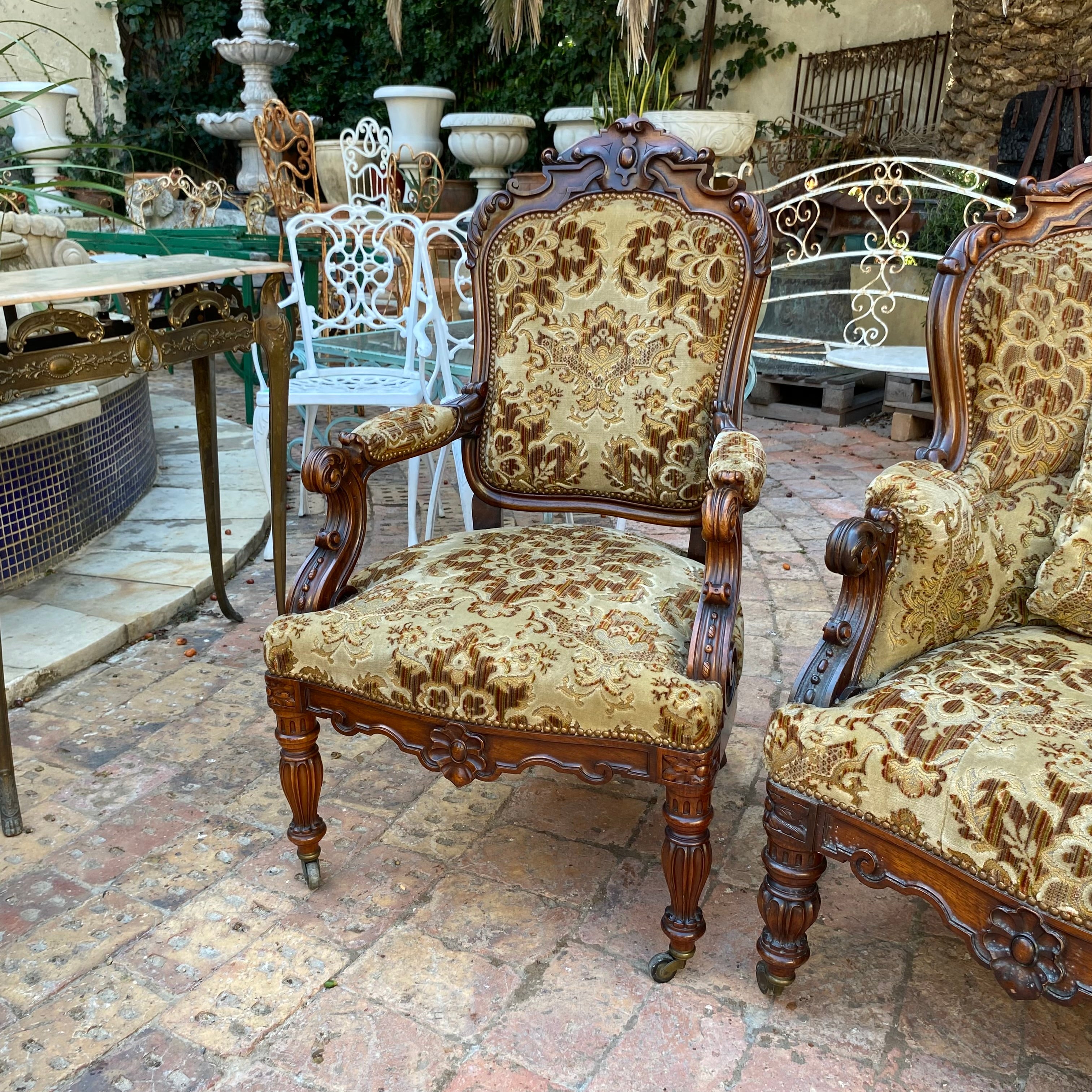 Antique Dark Wood Salon Set with Woven Upholstery