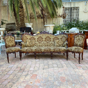 Antique Dark Wood Salon Set with Woven Upholstery