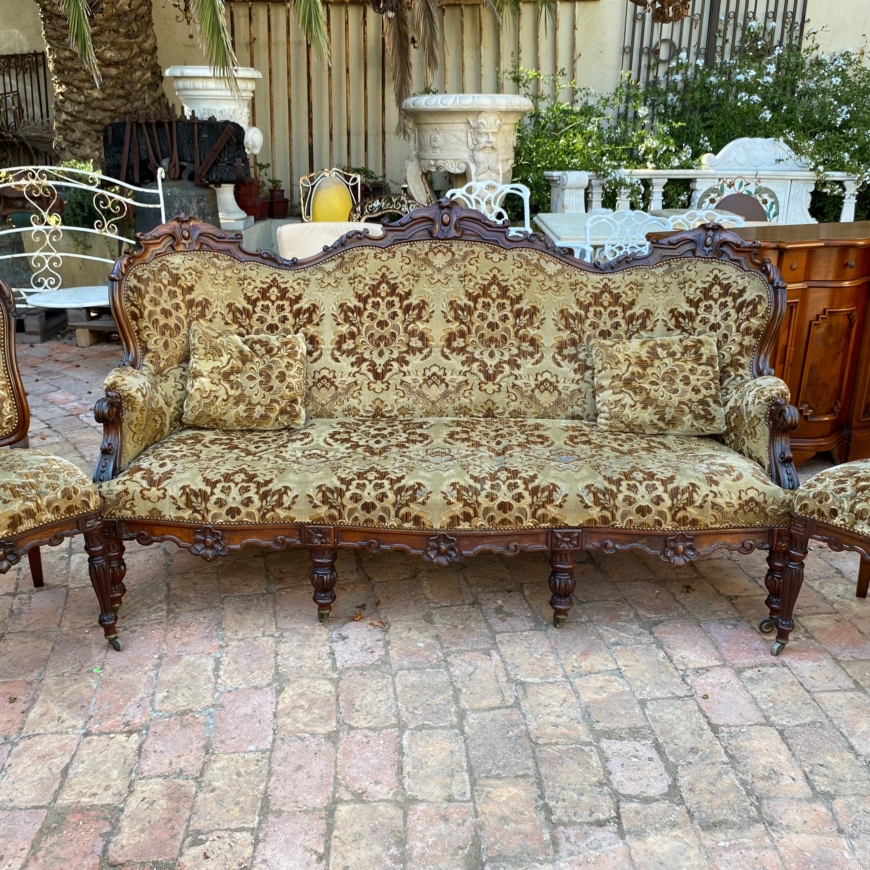 Antique Dark Wood Salon Set with Woven Upholstery