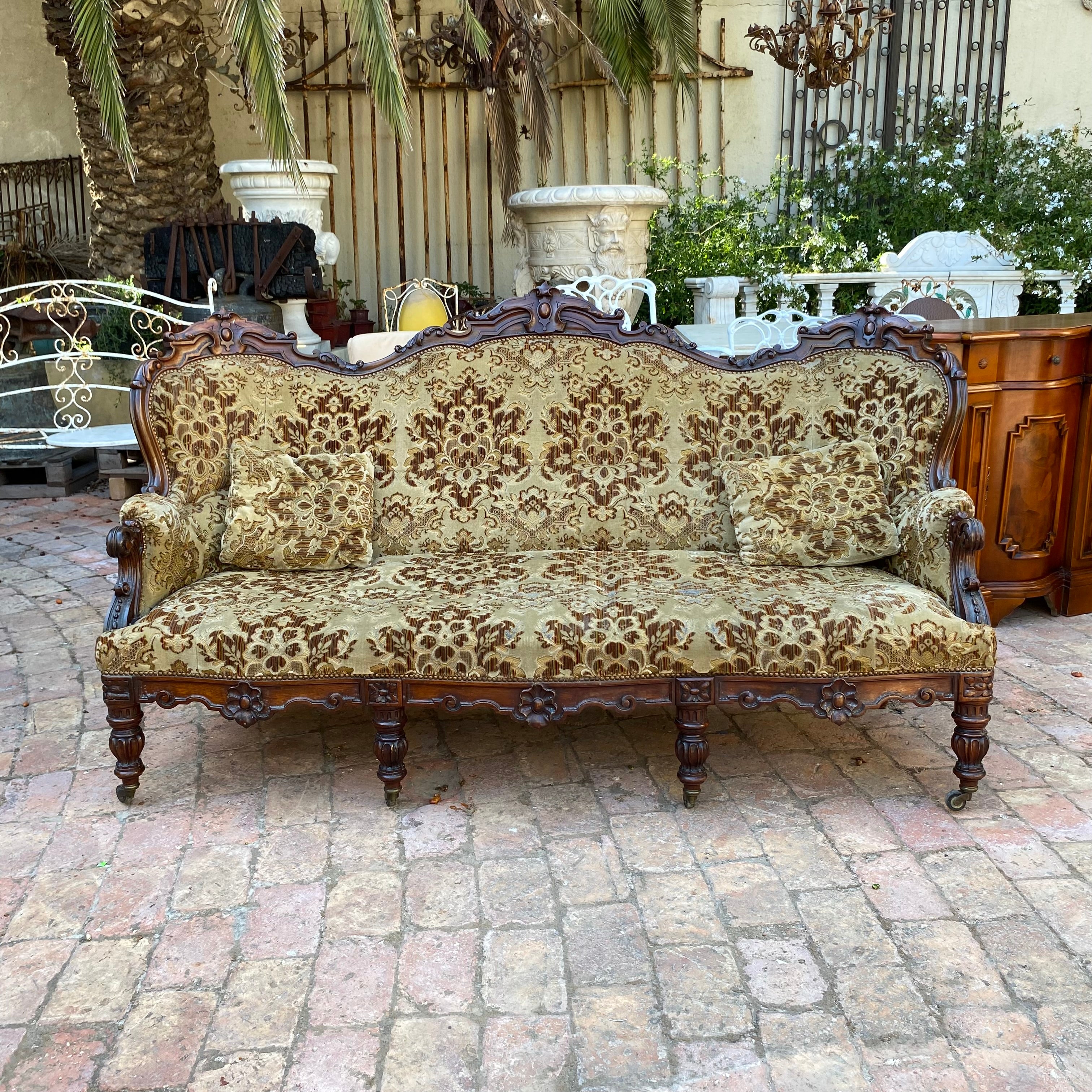 Antique Dark Wood Salon Set with Woven Upholstery