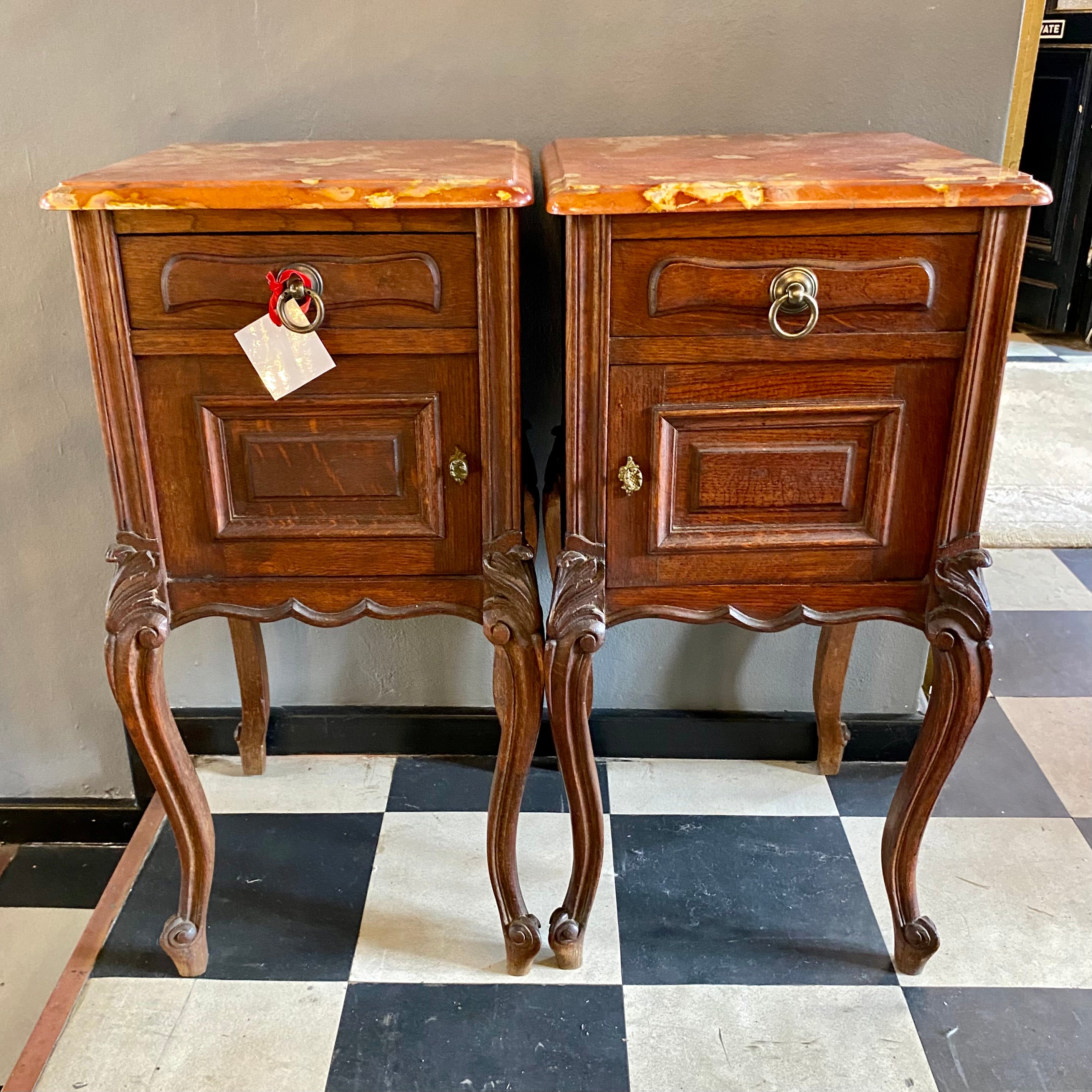 An Antique Pair of Oak Pedestals with Red Marble Tops - SOLD