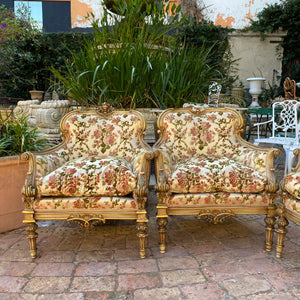 Antique Gilded Italian Salon Set in Beautiful Floral Upholstery - SOLD