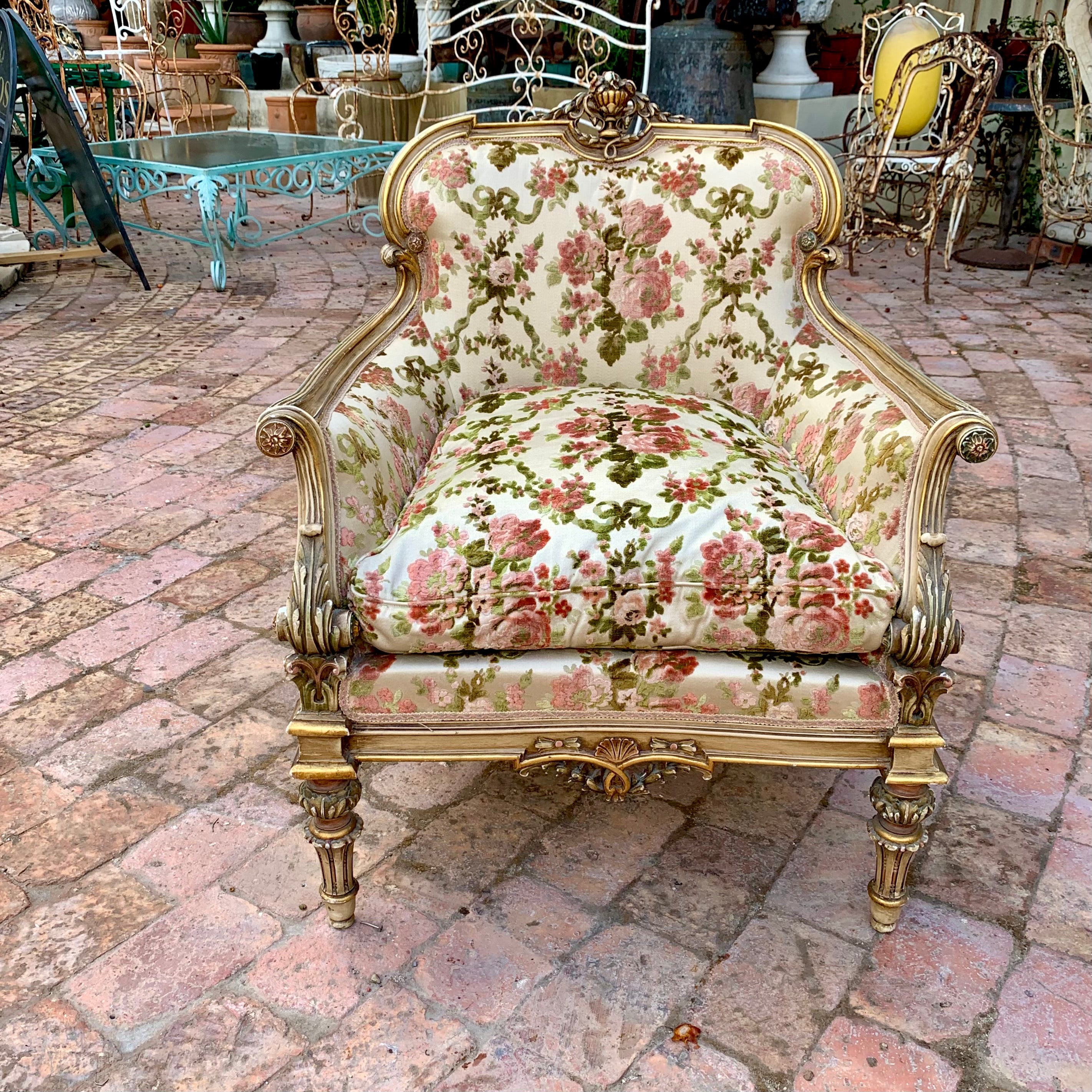 Antique Gilded Italian Salon Set in Beautiful Floral Upholstery - SOLD