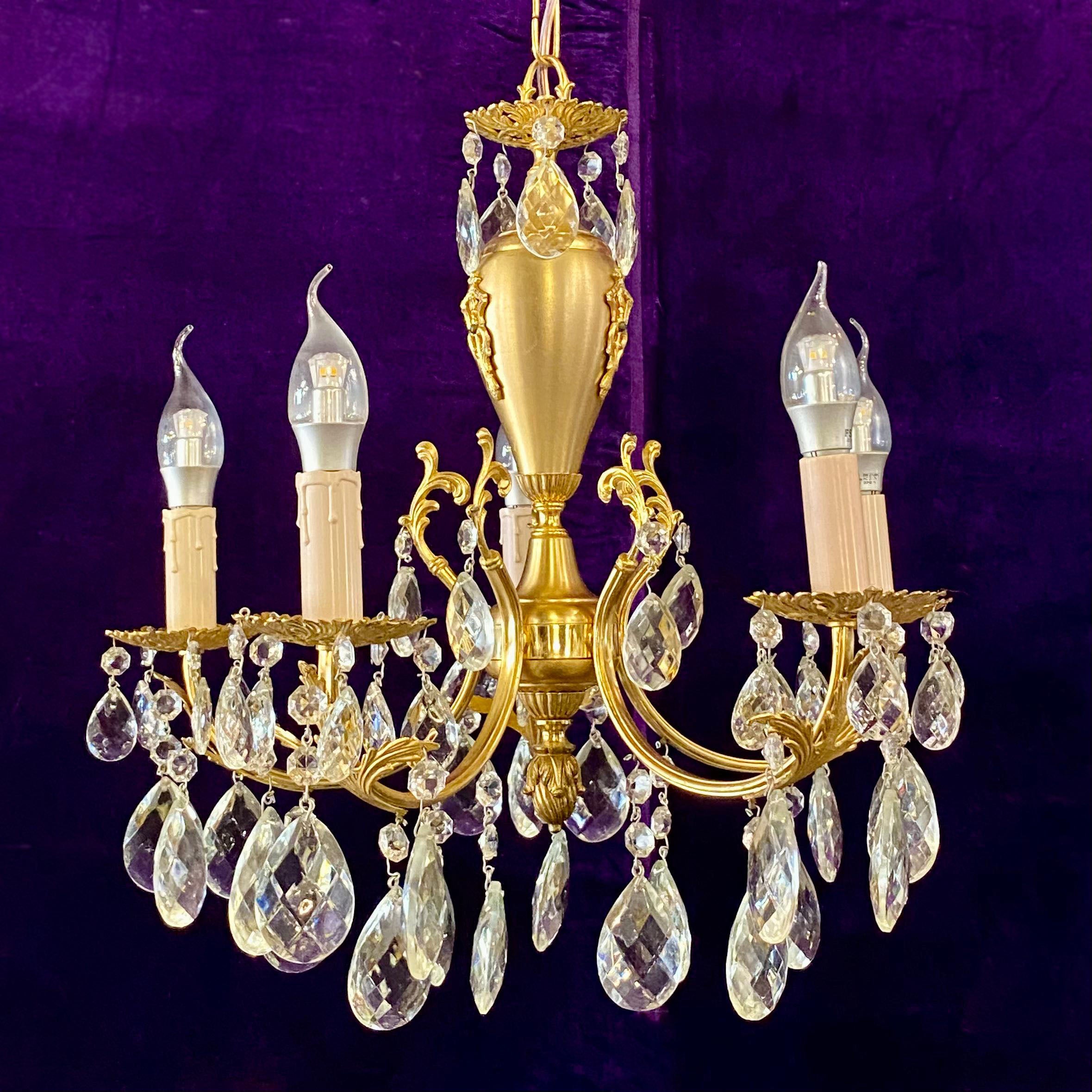 Antique Gilt Metal and Crystal Chandelier