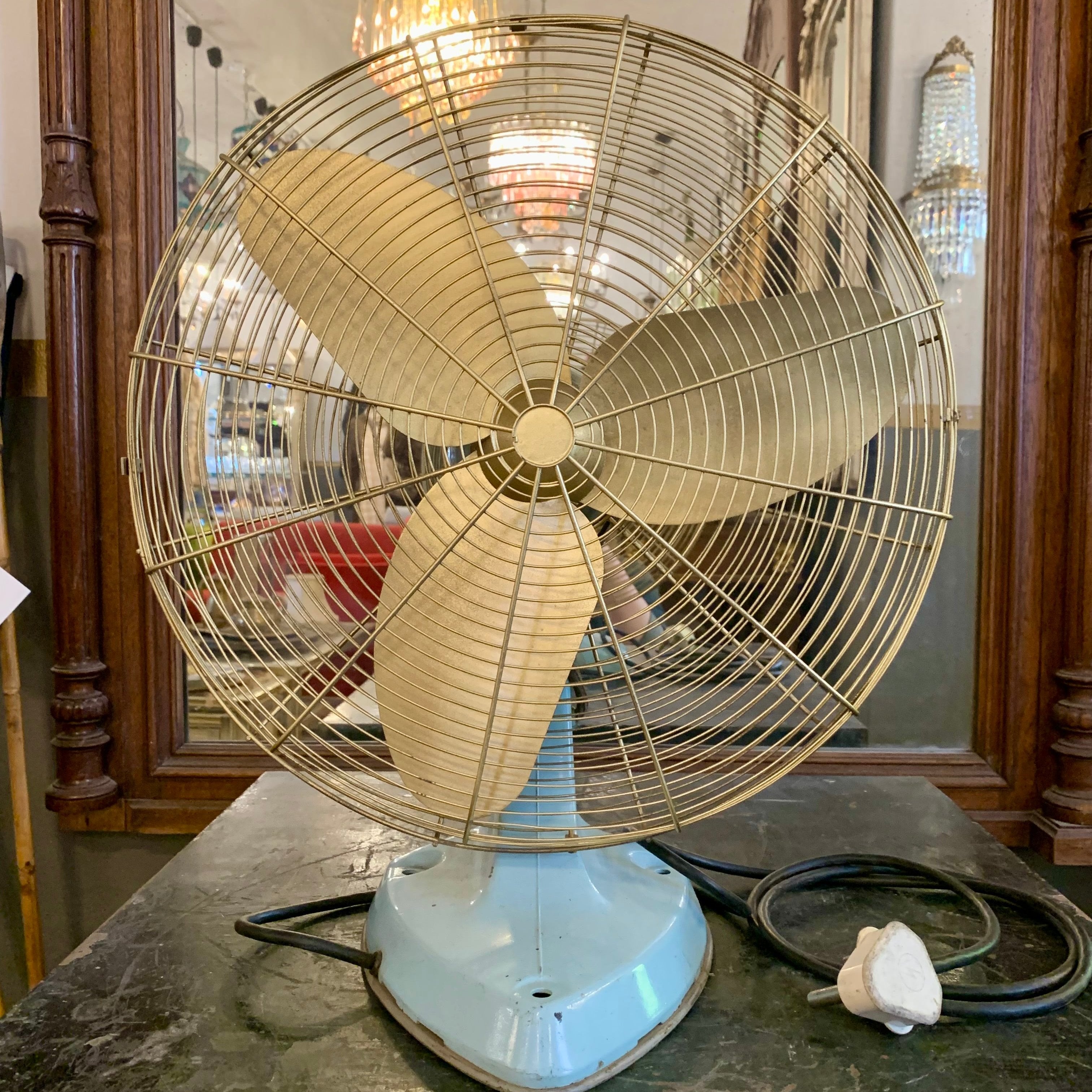 Beautiful Vintage Blue and Gold Electric Fan