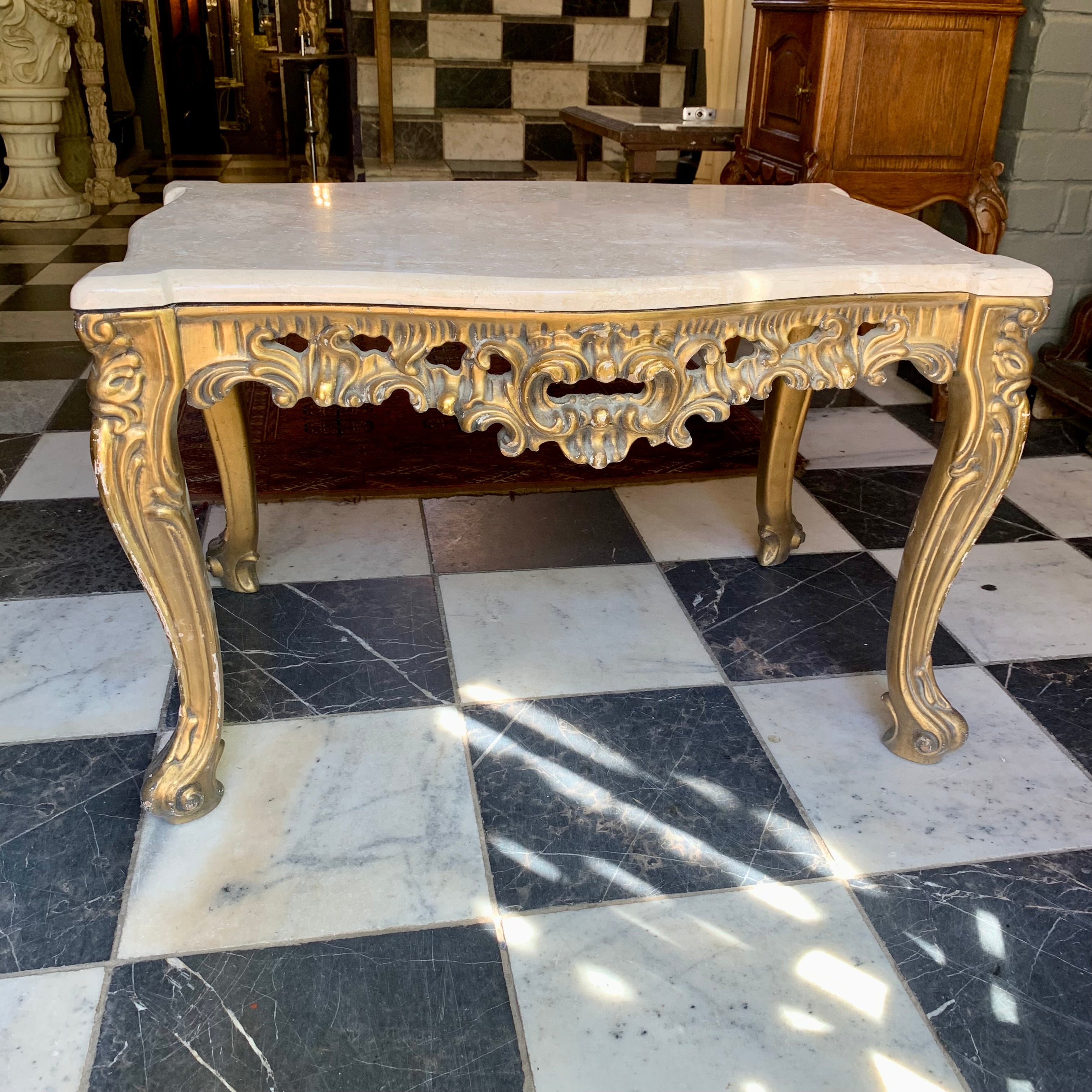 Antique Gilt Gold French Coffee Table with Cream Marble Top - SOLD