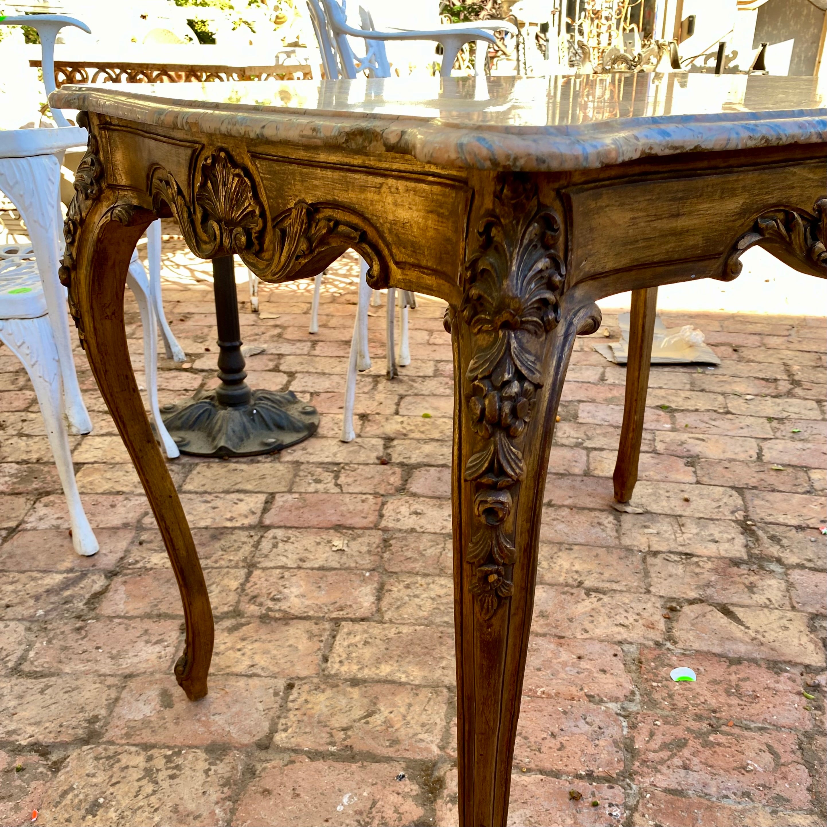 Antique French Oak Table with Beautiful Marble Table and Gold Accents