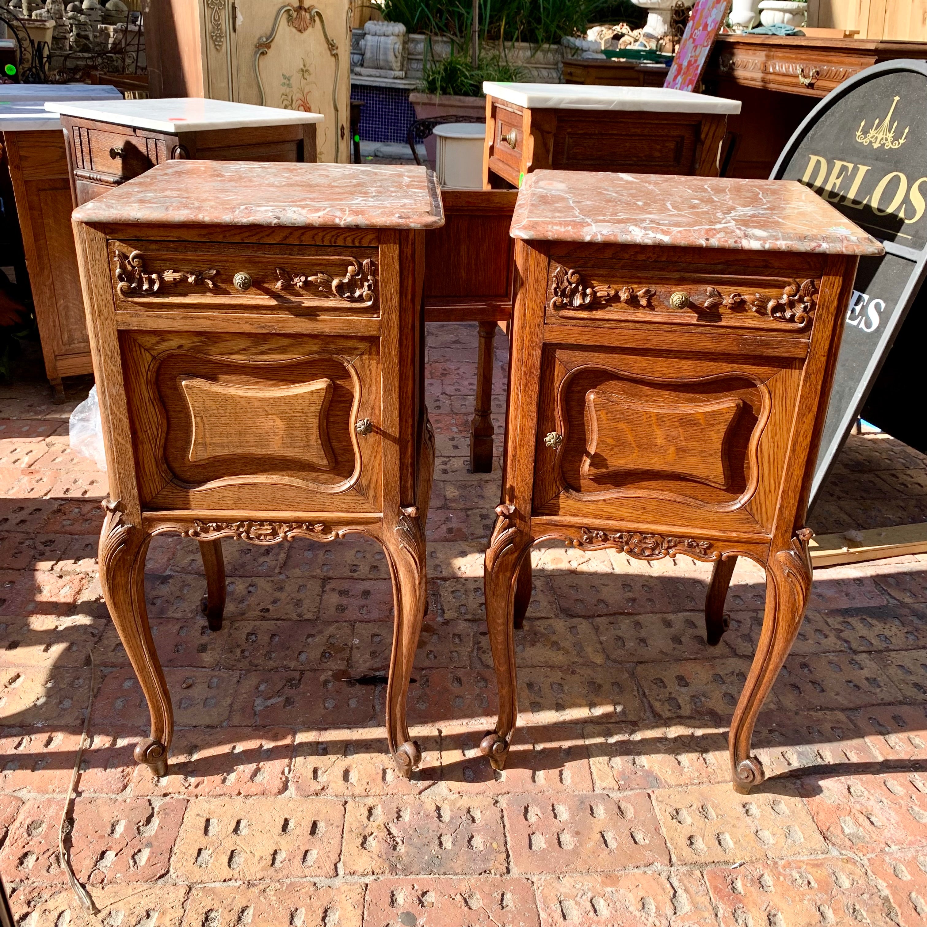 Antique French Oak Pedestals with Marble Top