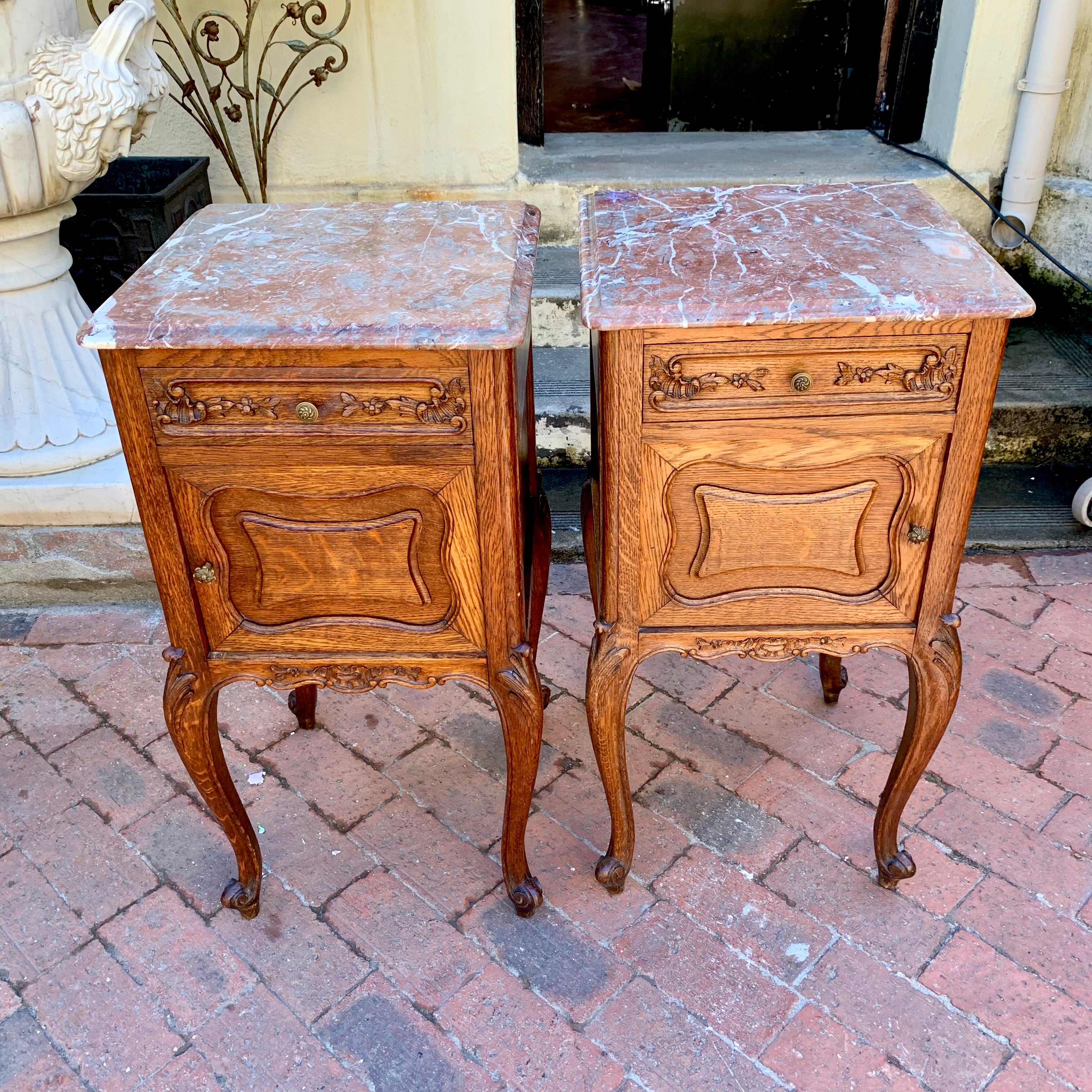 Antique French Oak Pedestals with Marble Top