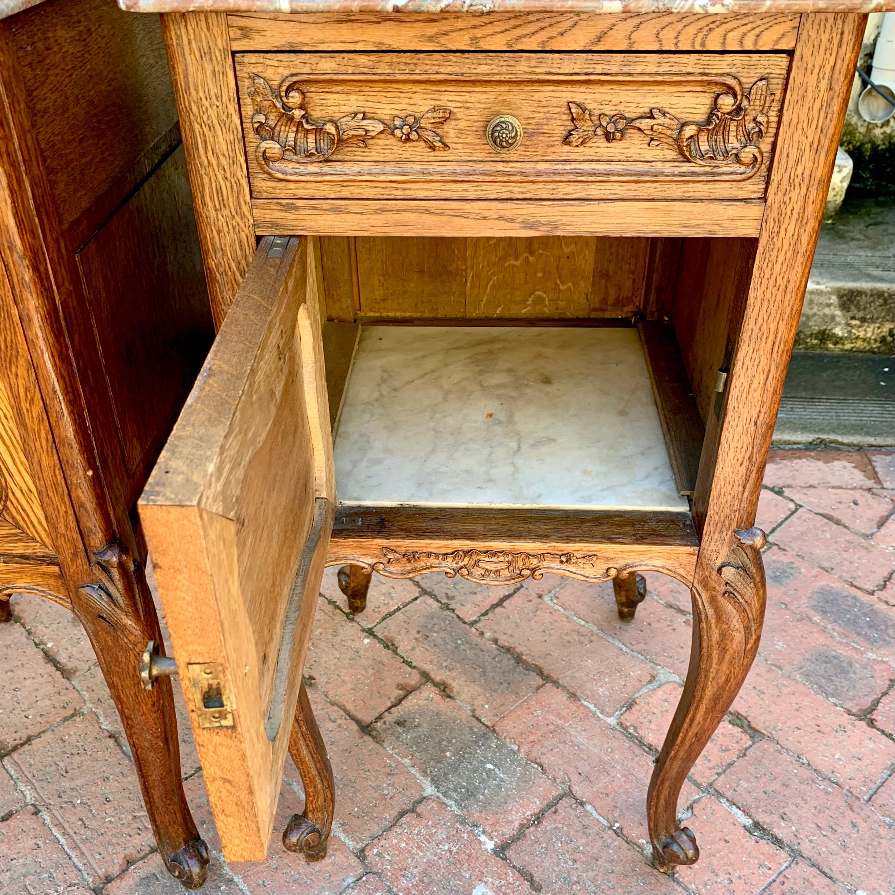 Antique French Oak Pedestals with Marble Top