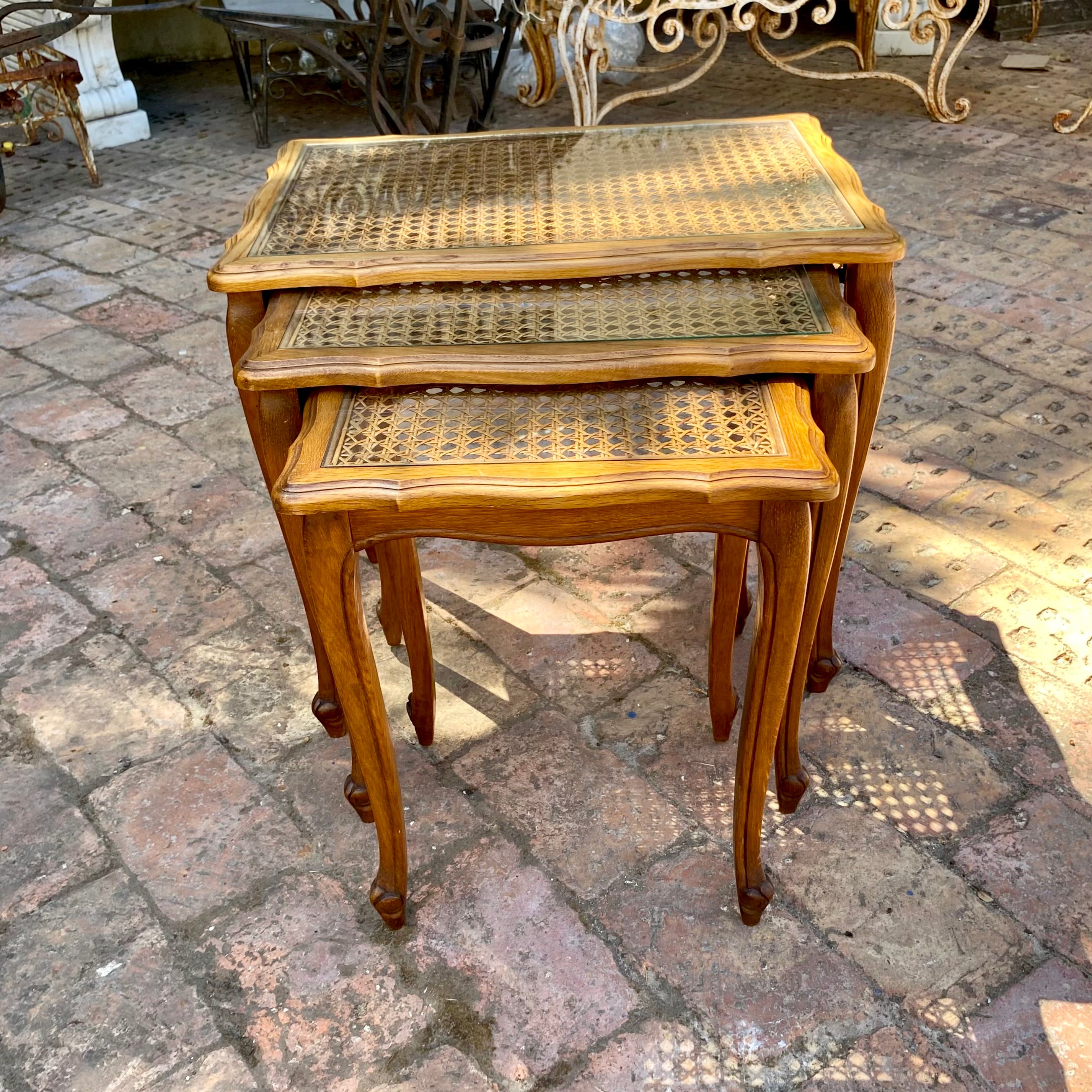 Antique Oak and Wicker Nesting Table Set