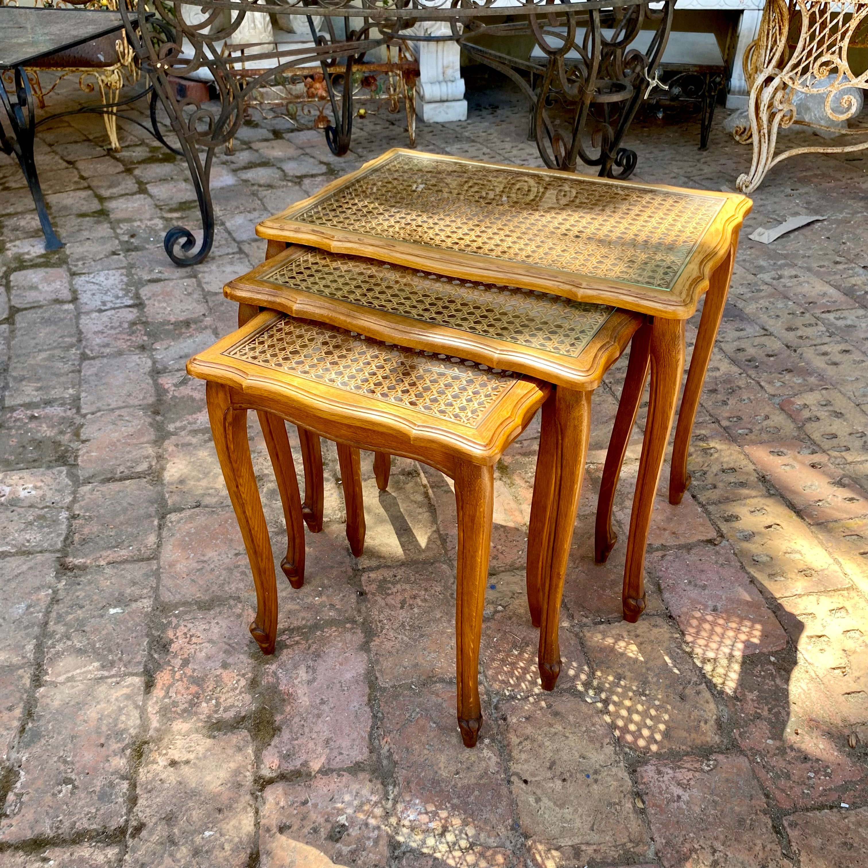 Antique Oak and Wicker Nesting Table Set