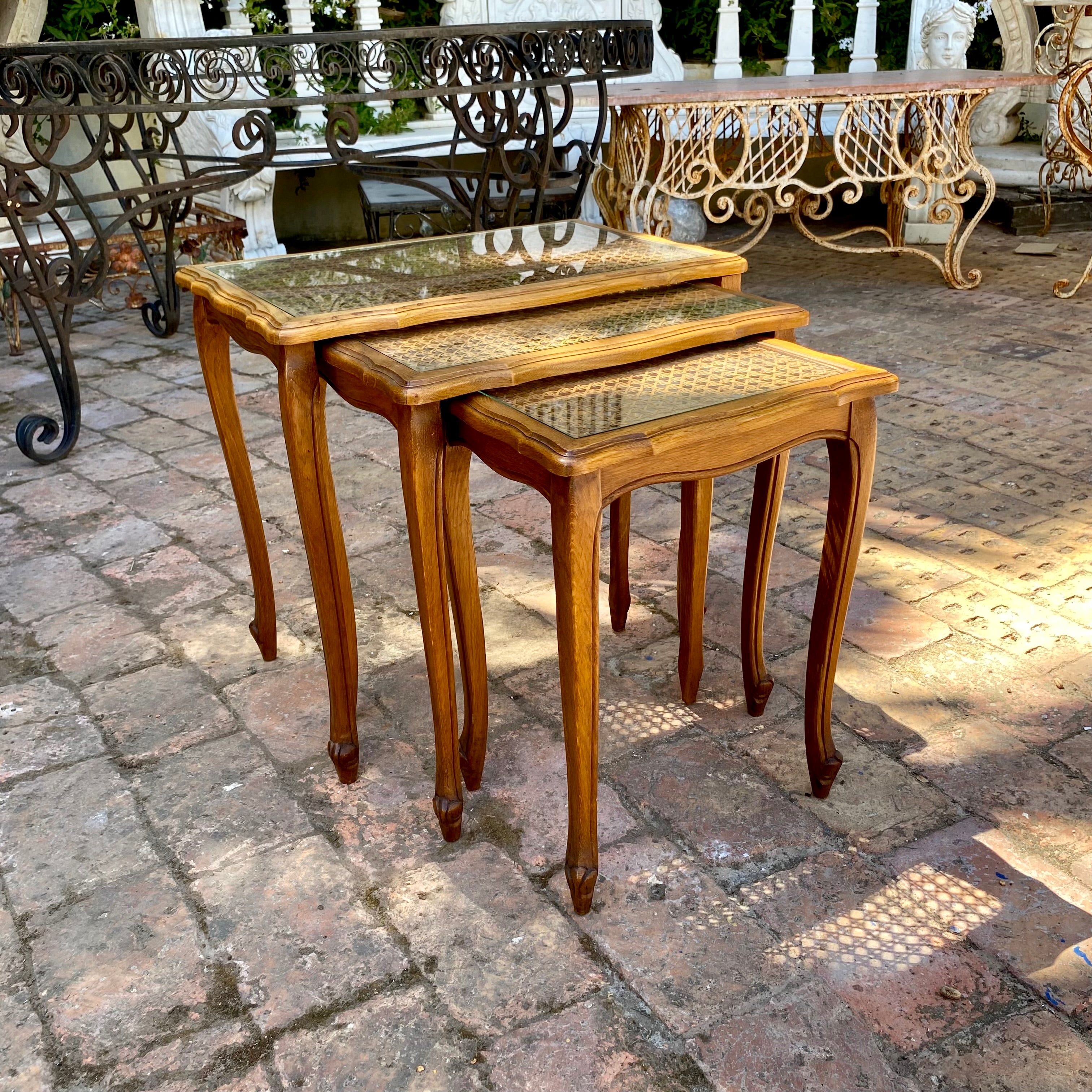 Antique Oak and Wicker Nesting Table Set