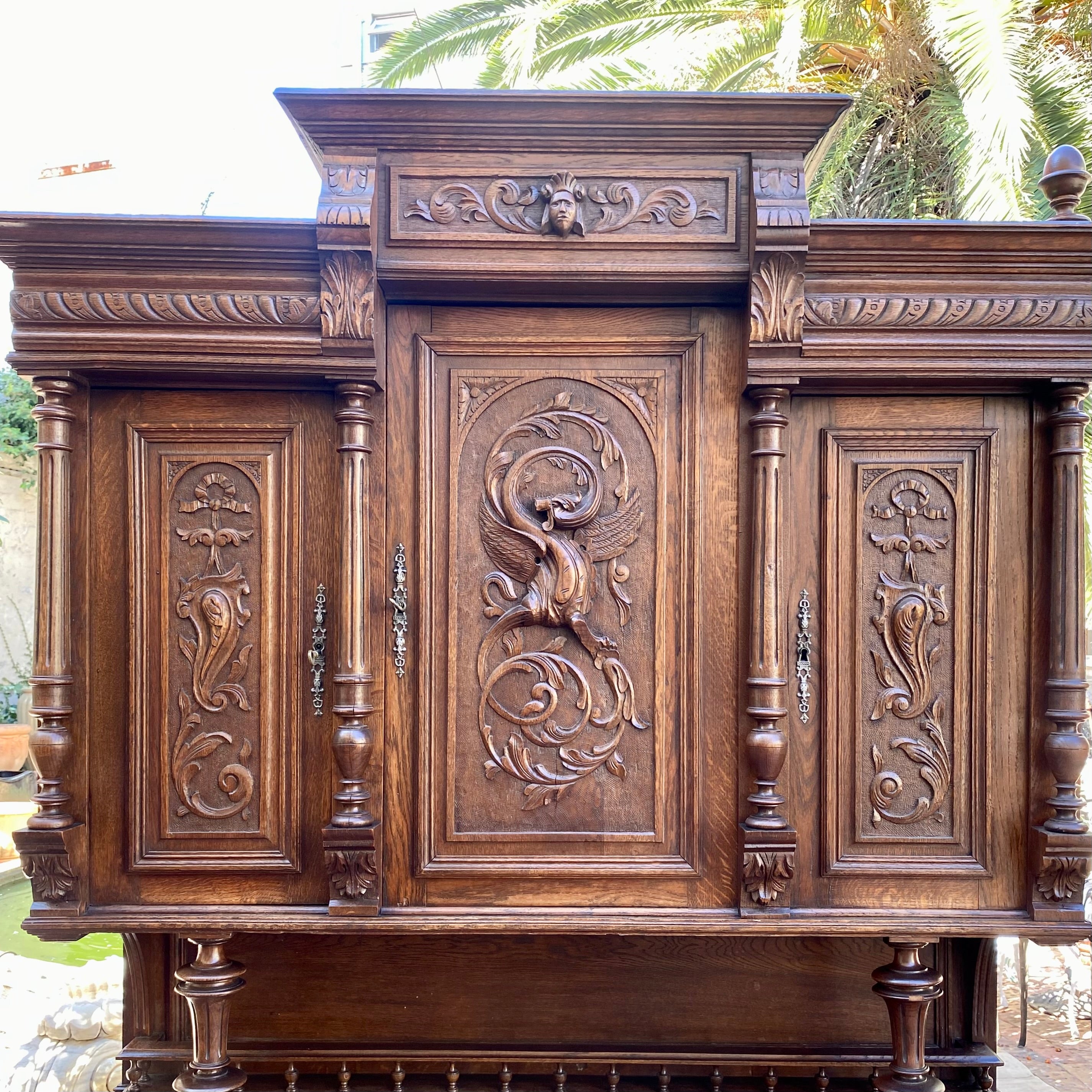 Antique French Dark Oak Carved Cabinet