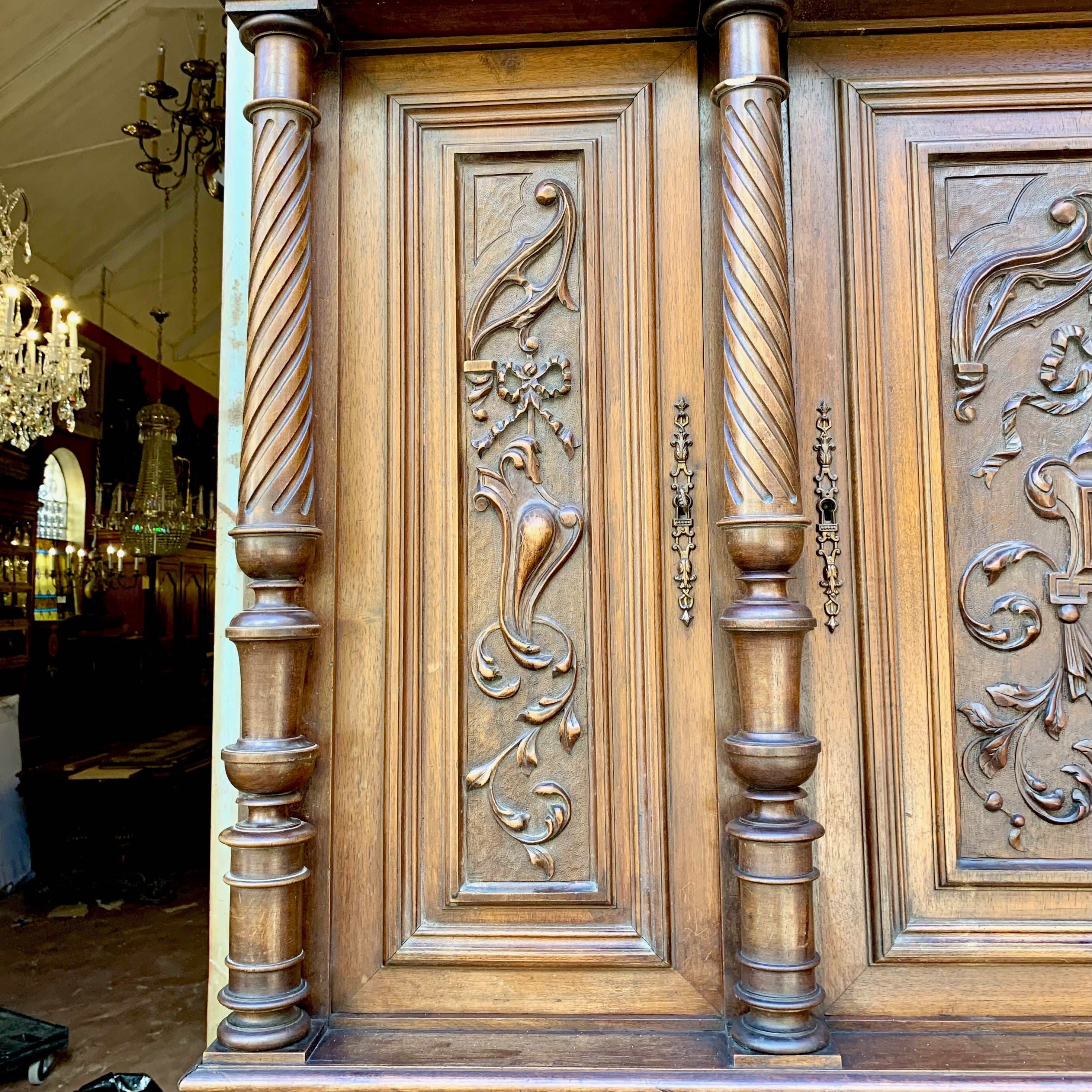 Large Antique Dark Oak French Carved Cabinet