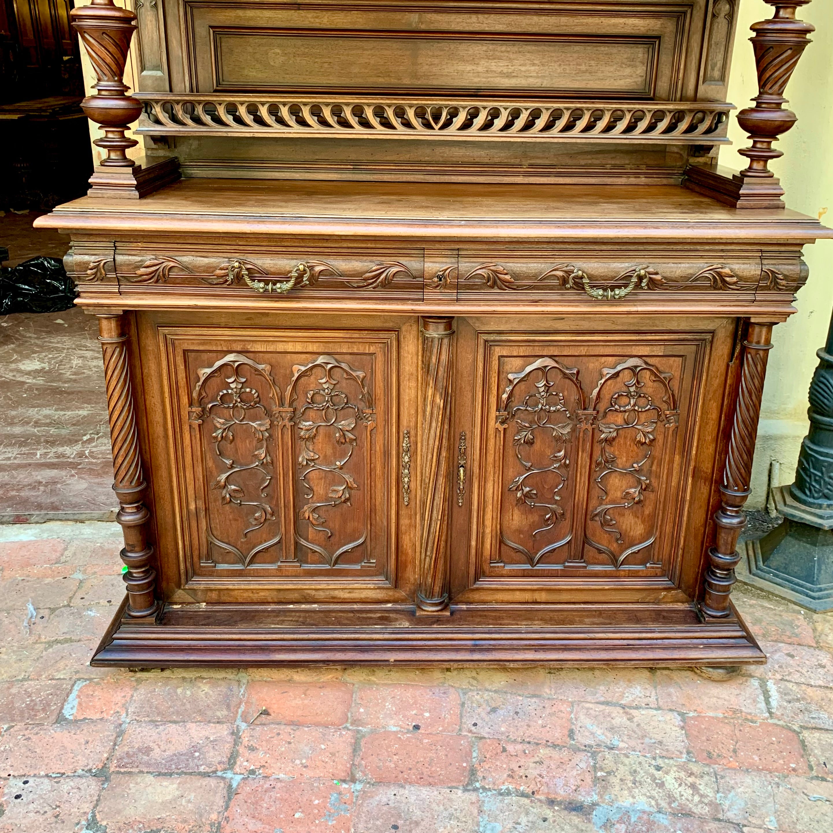 Large Antique Dark Oak French Carved Cabinet