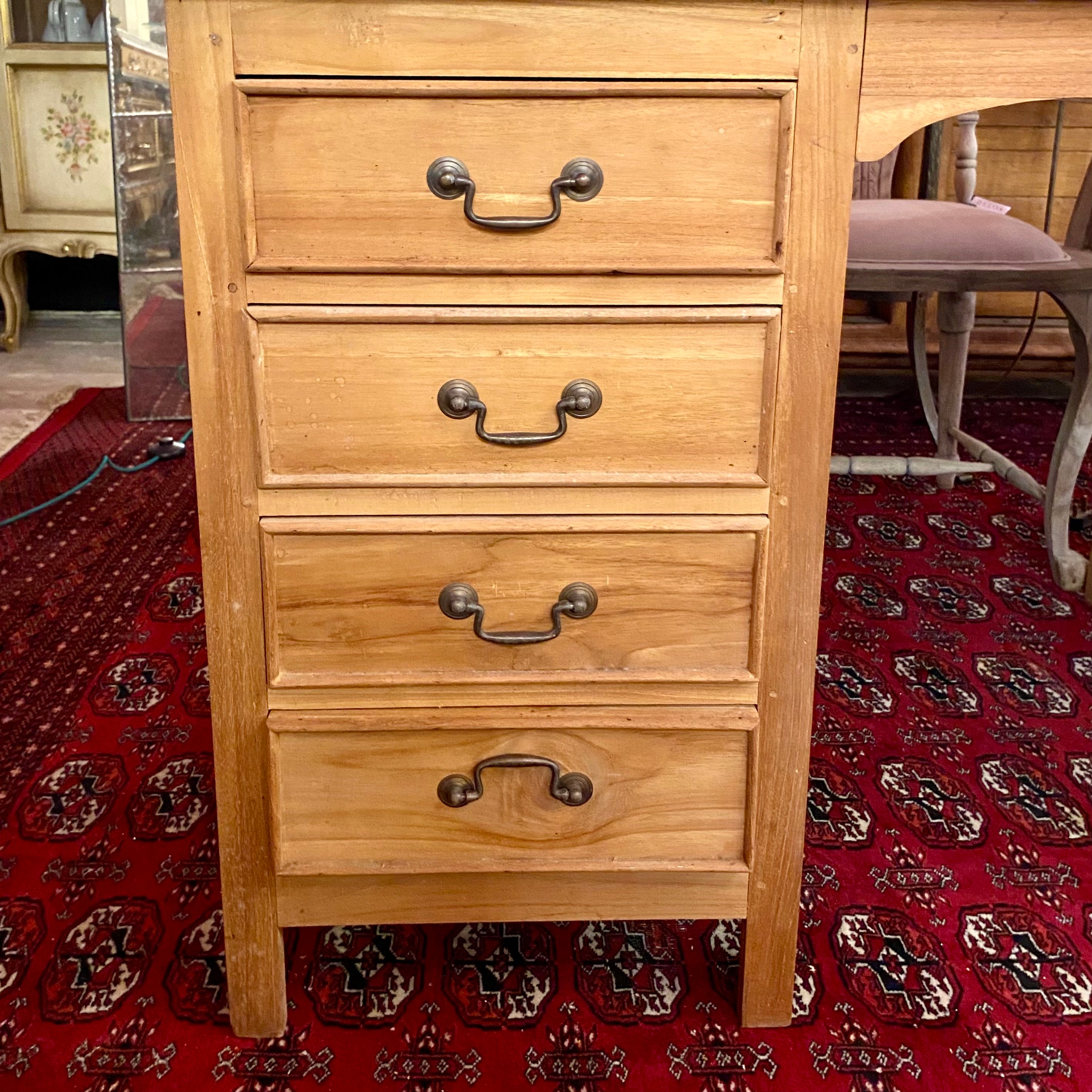 Solid Antique Teak Partner's Desk with Brass Handles - SOLD