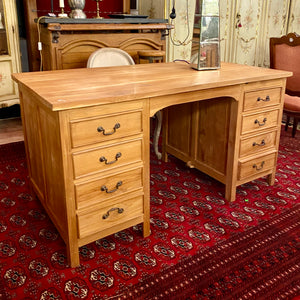 Solid Antique Teak Partner's Desk with Brass Handles - SOLD