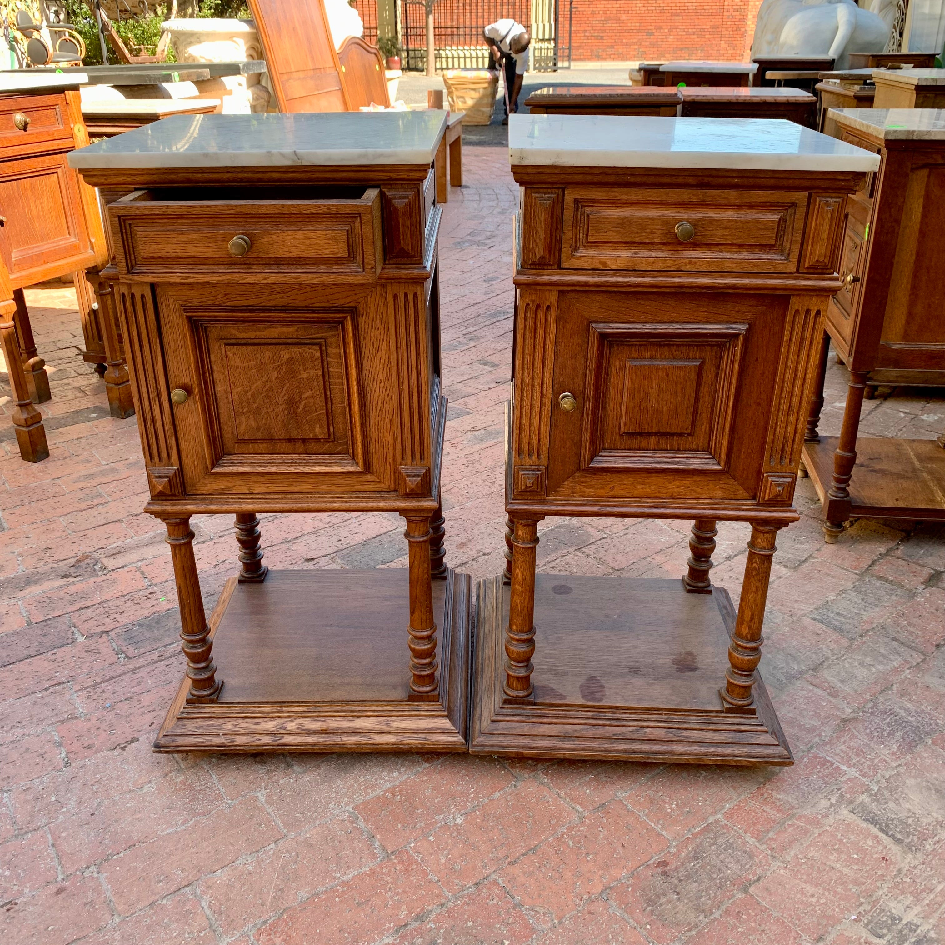 French Oak Bedside Pedestals with Marble Tops - SOLD