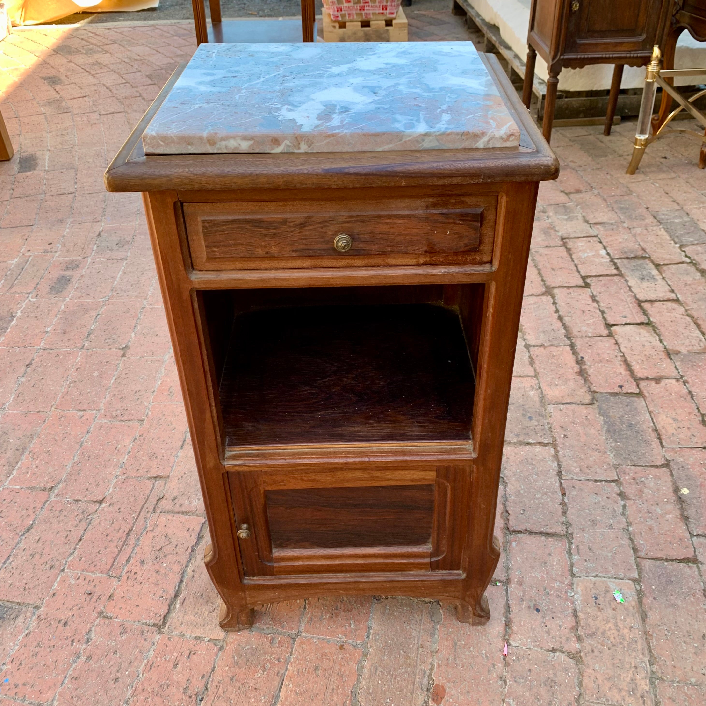 Antique Oak Pedestal with Interesting Marble Top