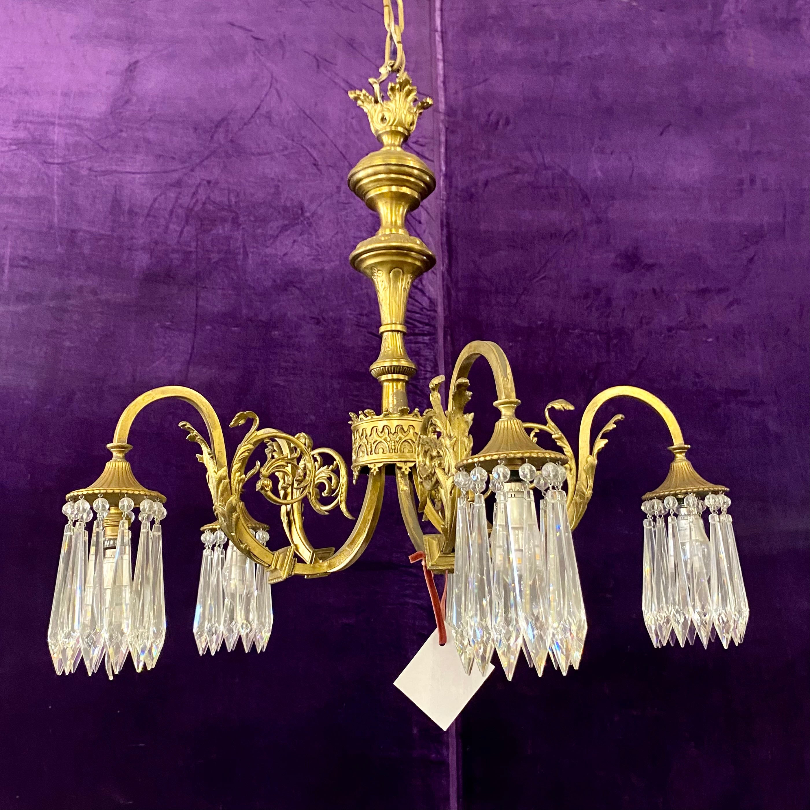 Antique Victorian Brass Chandelier with Spear Crystals