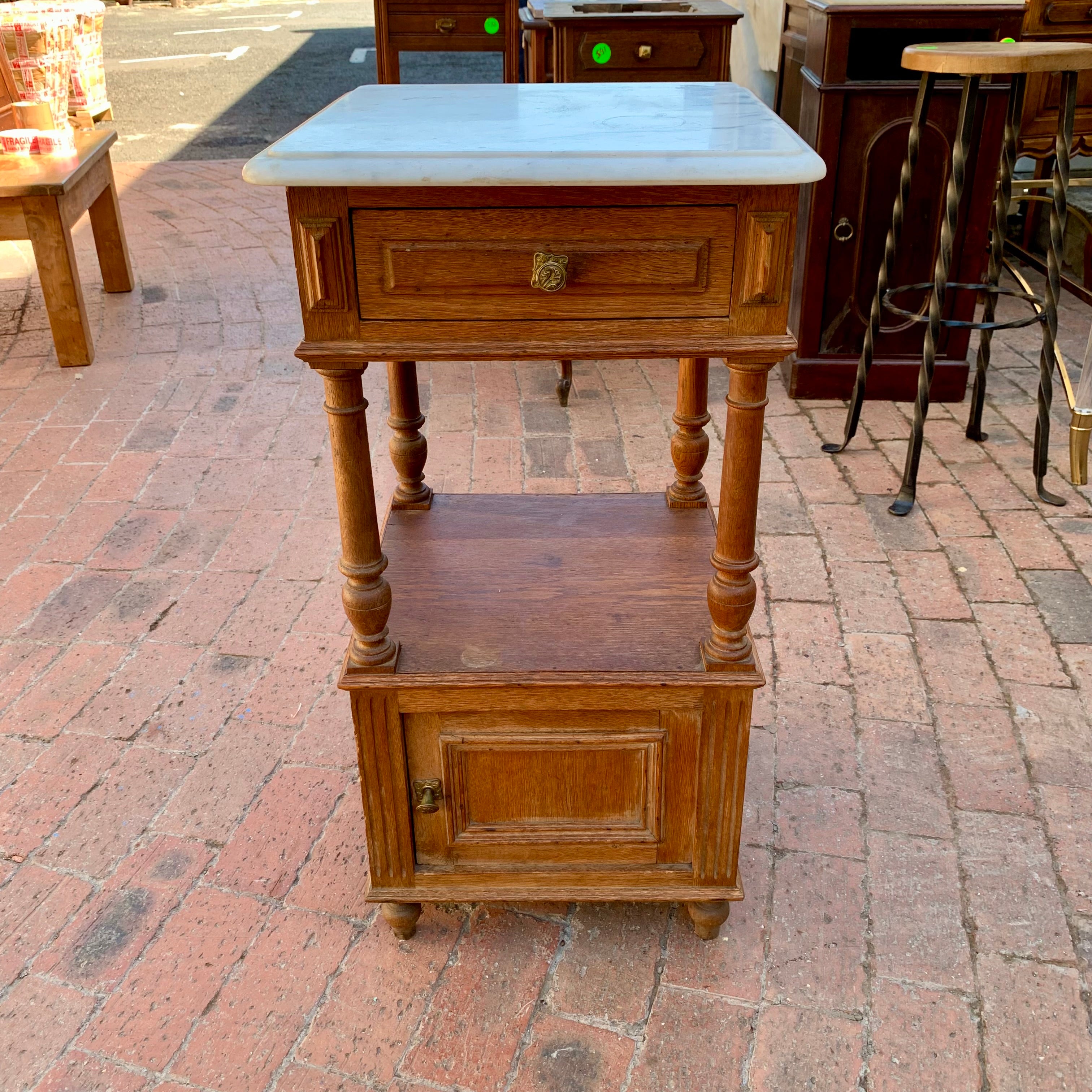 Antique Oak Pedestal with Marble Top