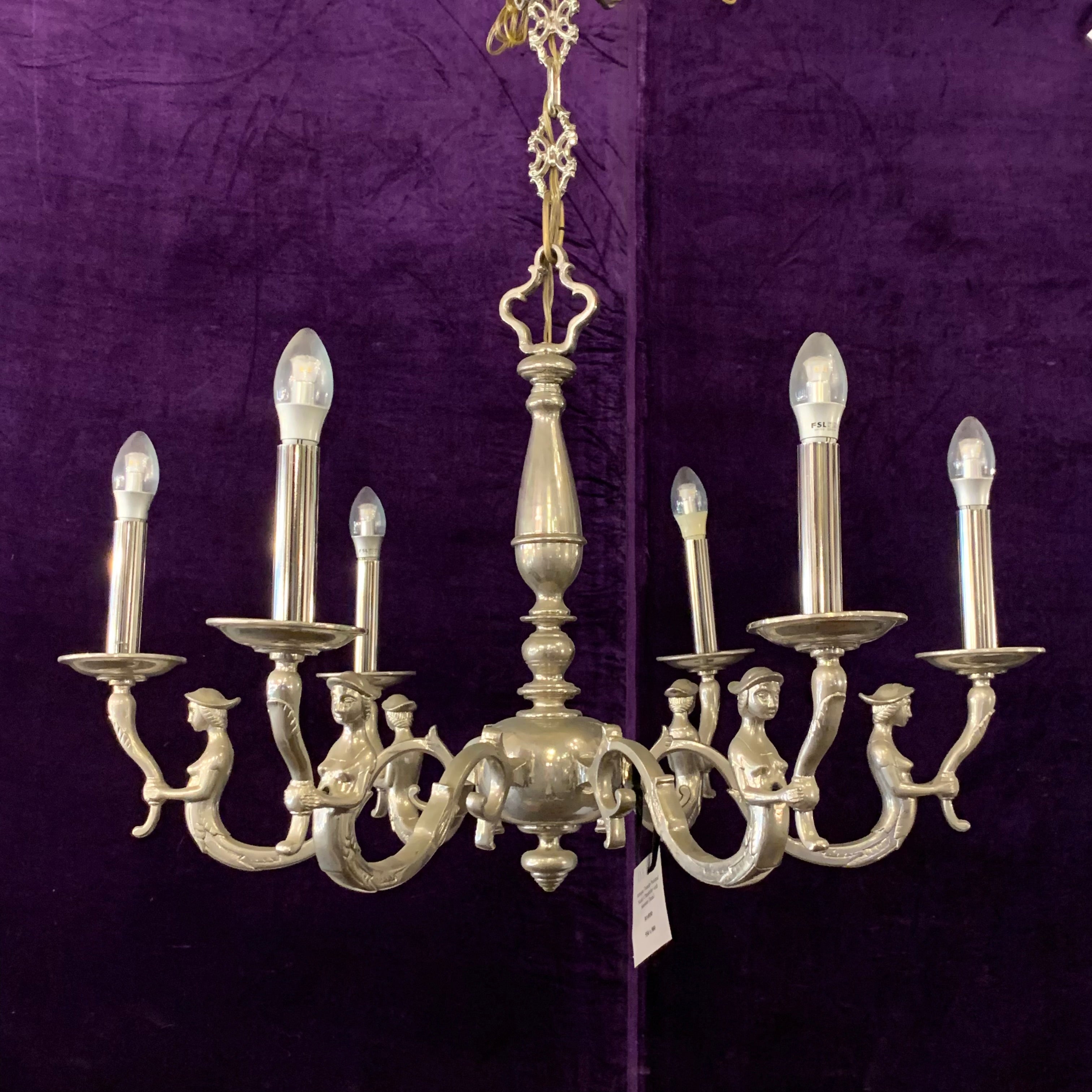 Antique Flemish Polished Nickel Chandelier with Mermen Detail - SOLD