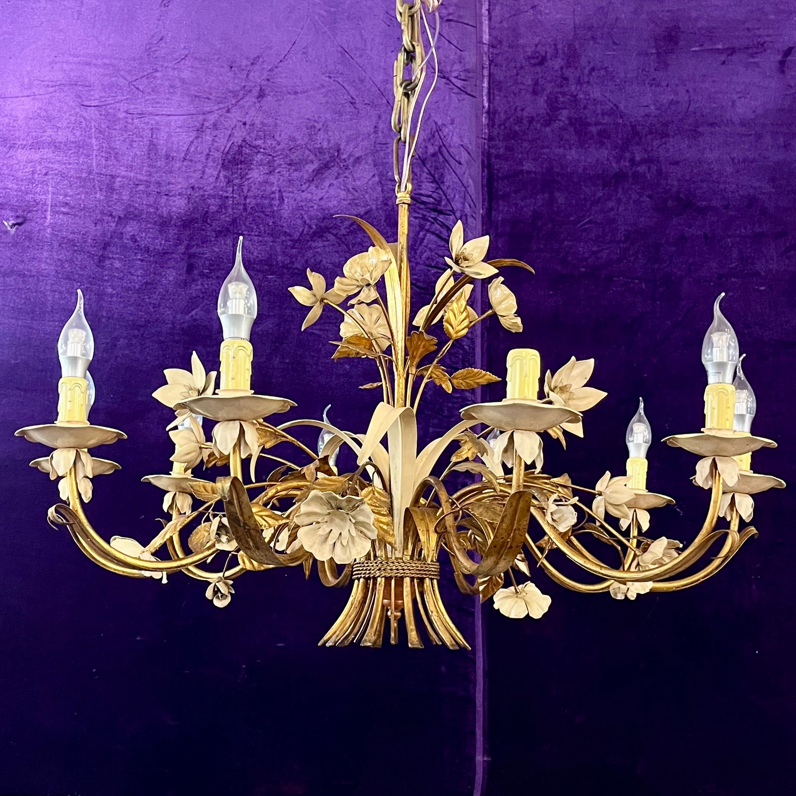 Italian Gilt Tôle and Painted Floral Chandelier, Mid-20th Century